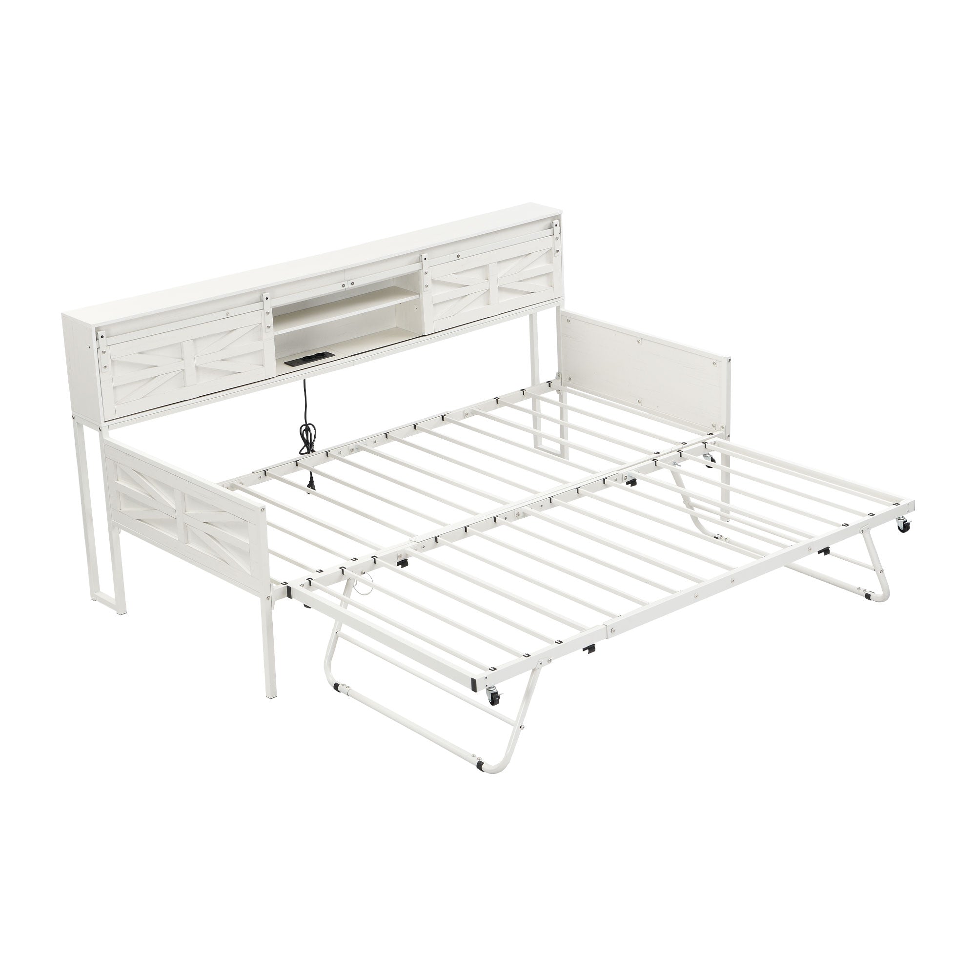 Multifunctional Iron Daybed with Storage Shelves and Pull-out Bed, White/Black Metal