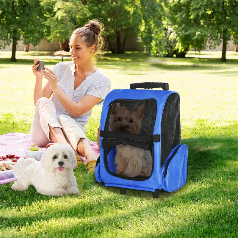 Portable Pet Carrier Backpack with Trolley, Telescopic Handle, Stroller Wheels, Blue