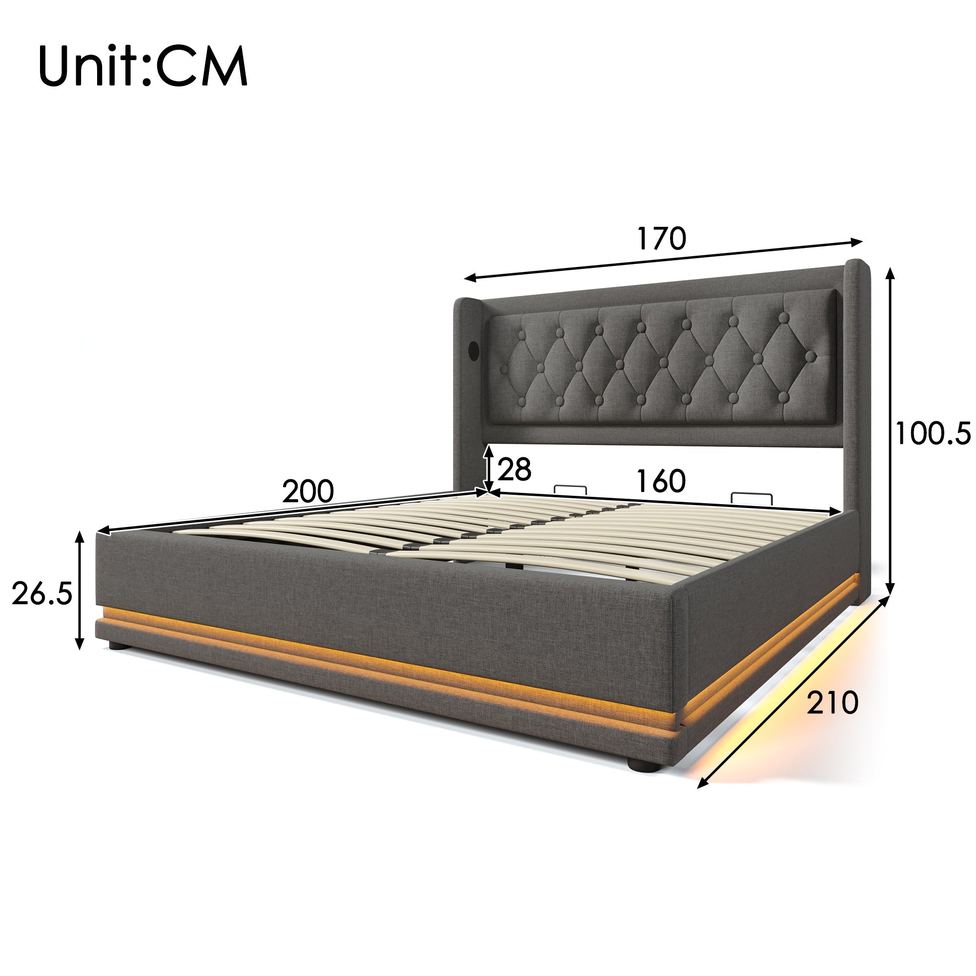 Upholstered Bed, Double with Hydraulic Storage & LED, Gray Cotton