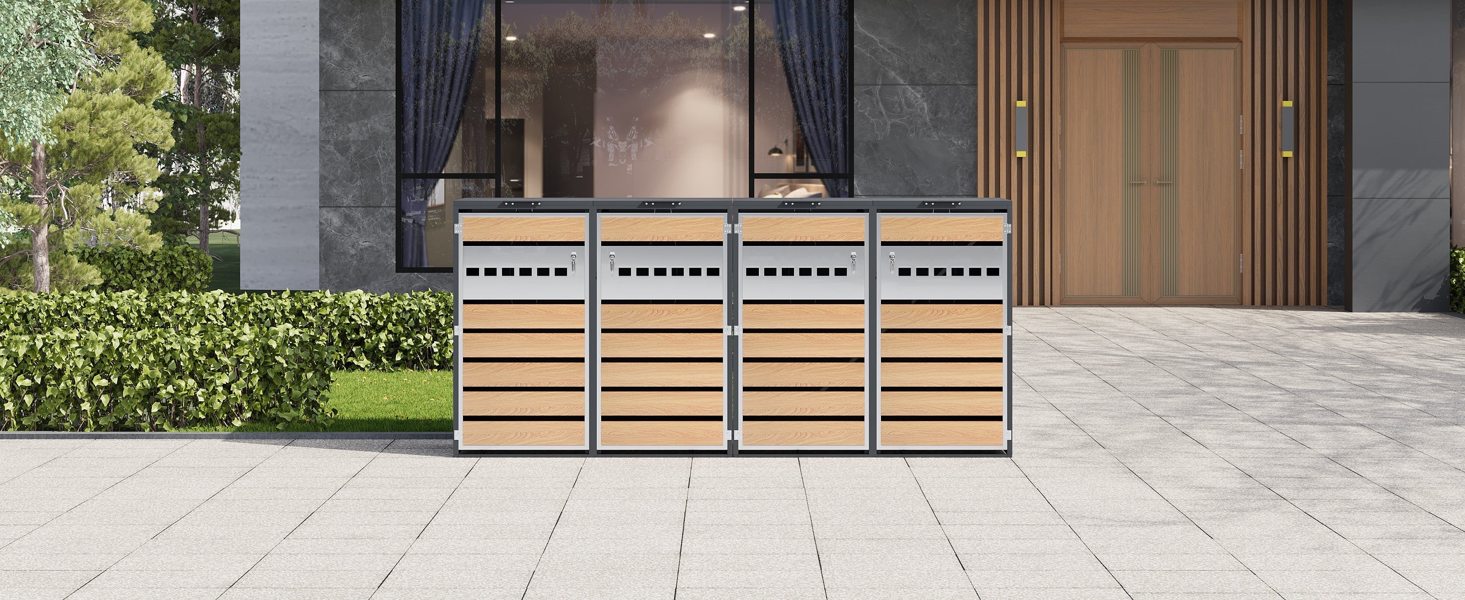 Bin Storage Box with Hinged Lid, Lockable and Four Doors, Horizontal Wood Grain Blocks