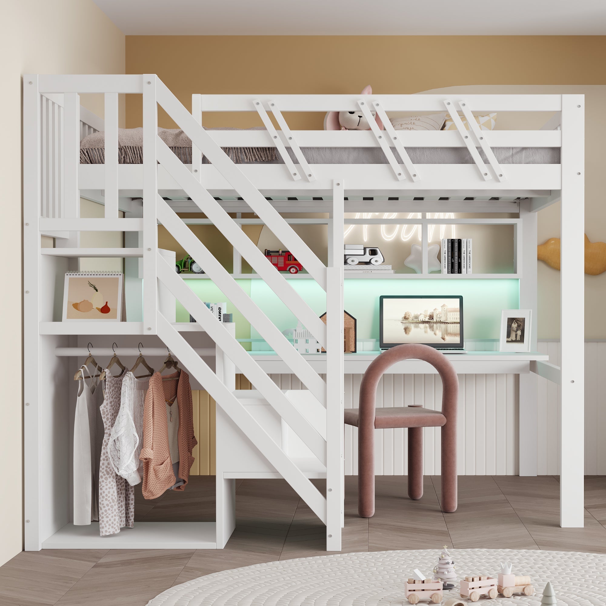 Solid Wood Loft Bed 140x200 with Desk, Storage Stairs, USB and LED, White