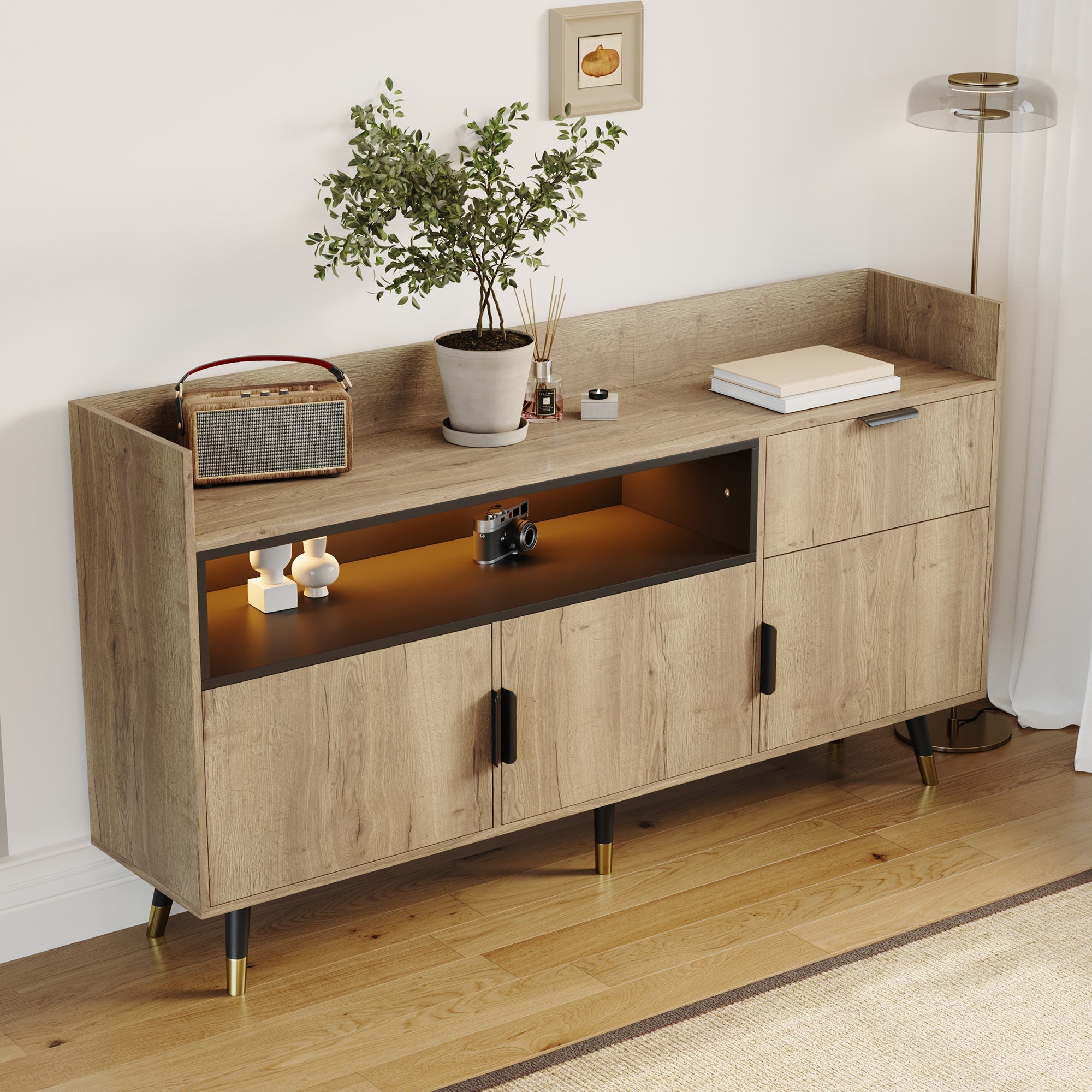 Modern Minimalist Sideboard with Open Shelves, Drawers and Swing Doors, Wood and Metal