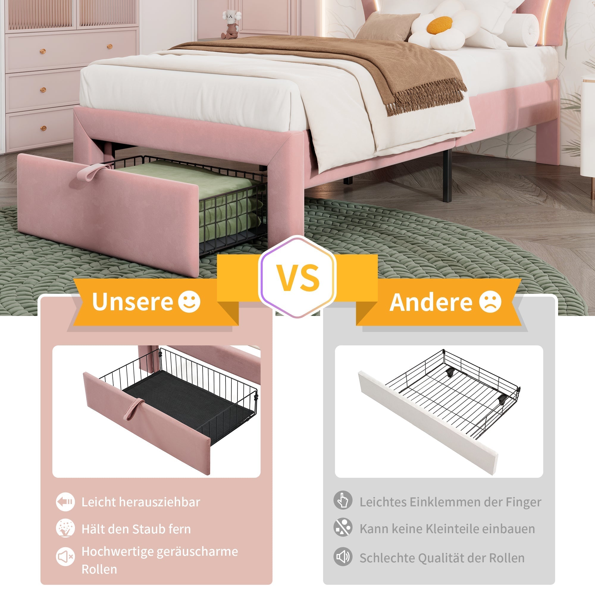 Children's Bed, LED Single with Drawers, APP-Control, Adjustable Headboard, Velvet Pink