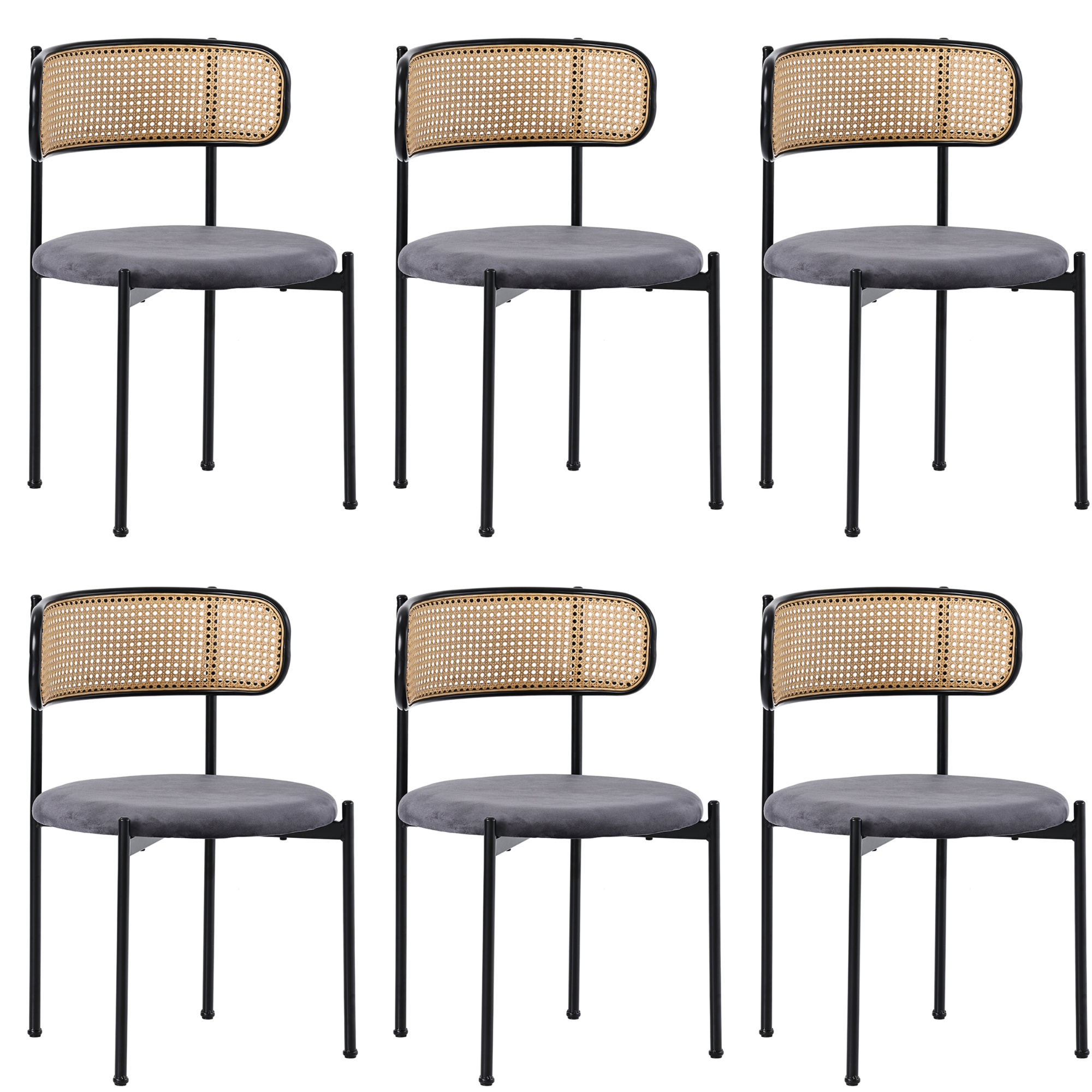 Velvet Dining Chair Set of 6 with Metal Legs and Rattan Detail, Grey