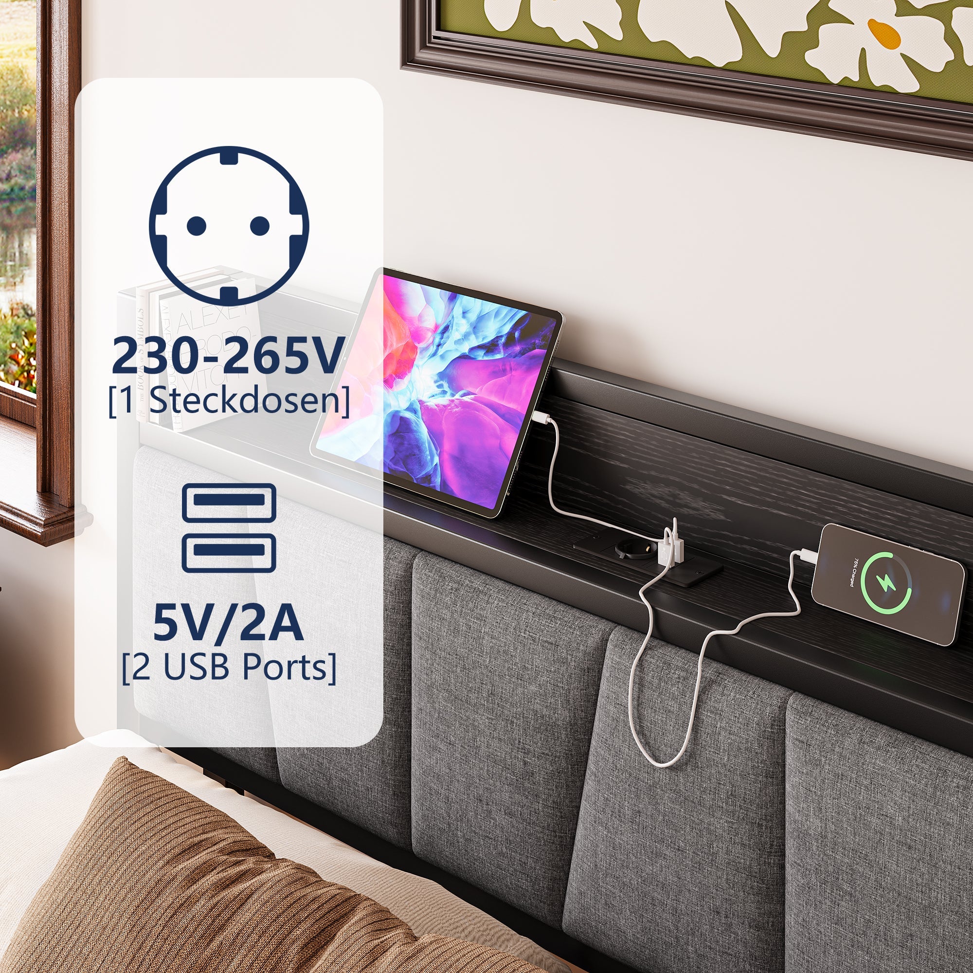 Bed Frame 140x190cm, Smart LED Lights, USB Charging Headboard, Metal