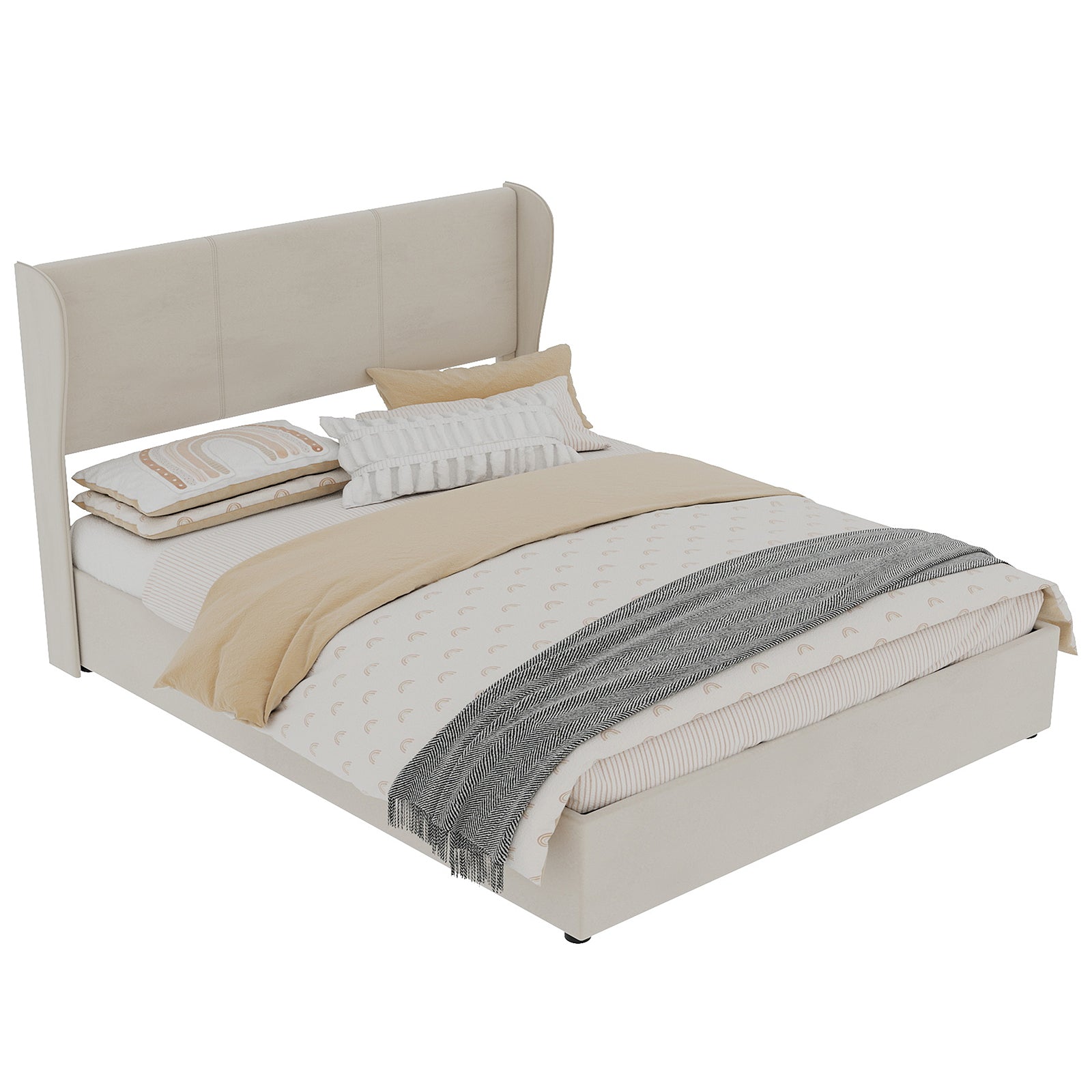 Upholstered Bed 160x200cm Gas Lift Storage Soft Headboard - Beige