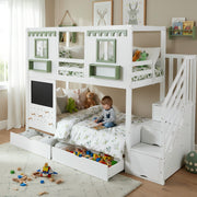 Bunk Bed 90x200cm Pegboard with Hooks 2 Drawers & Stair Storage Cabinet White + Green Pine