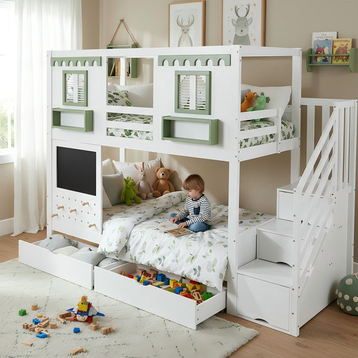Bunk Bed 90x200cm Pegboard with Hooks 2 Drawers & Stair Storage Cabinet White + Green Pine