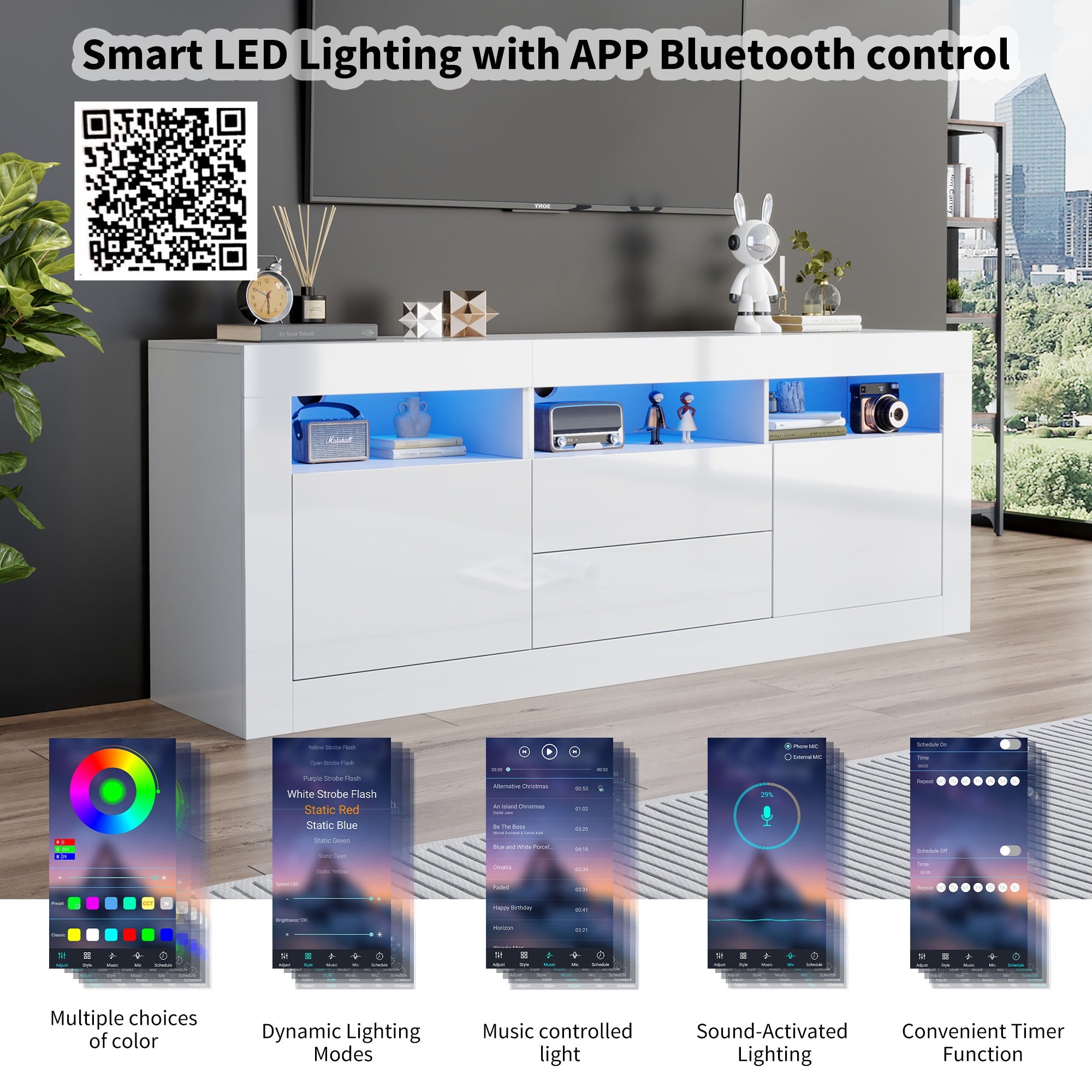 TV Cabinet, 160x35x60cm LED Lit, 3 Open, 2 Doors, 2 Drawers, Smart App Control, High Gloss