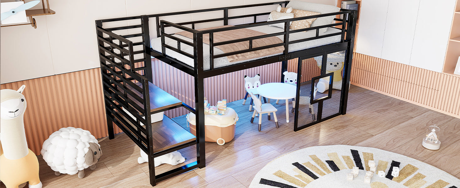 Metal Loft Bed with Stairs, Storage, LED Lighting and Windows, 90x200 cm, Black