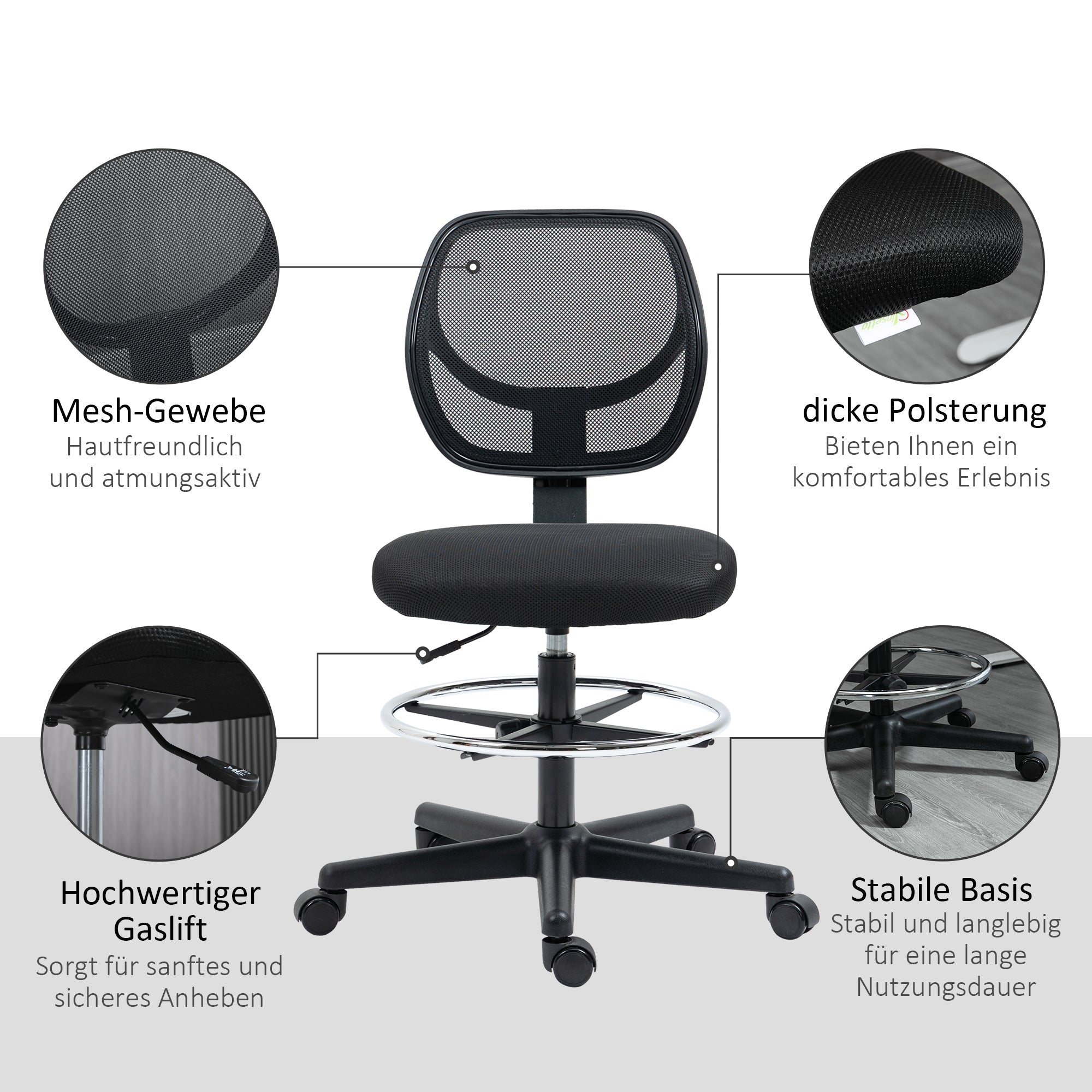 Vinsetto Standing Office Chair, Height-Adjustable Ergonomic Swivel, Black