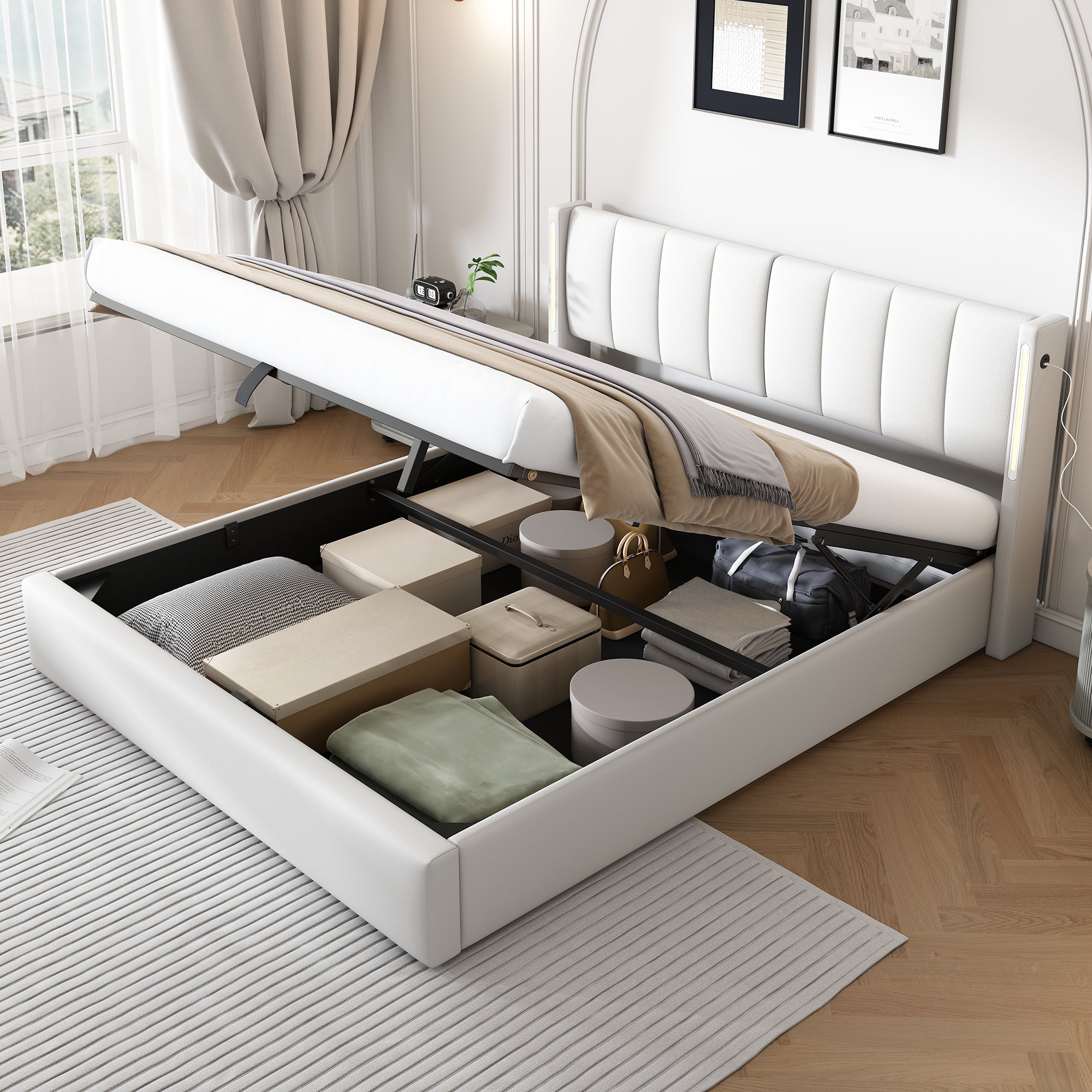 Binaural LED Upholstered Bed with Hydraulic Storage, USB Port and Adjustable Headboard, 180x200cm, White PU Pebble