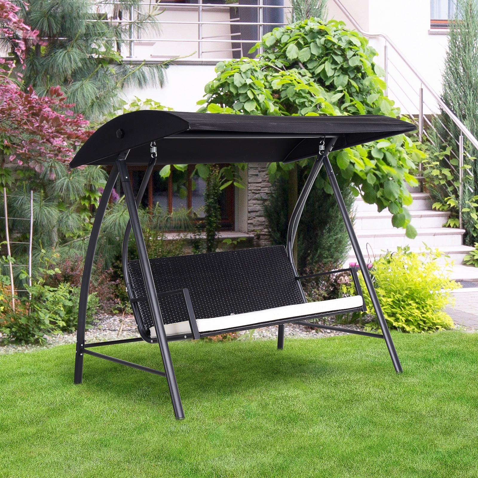 Hollywood Swing 3-Seater Garden Swing with Canopy, Black Polyrattan and Metal