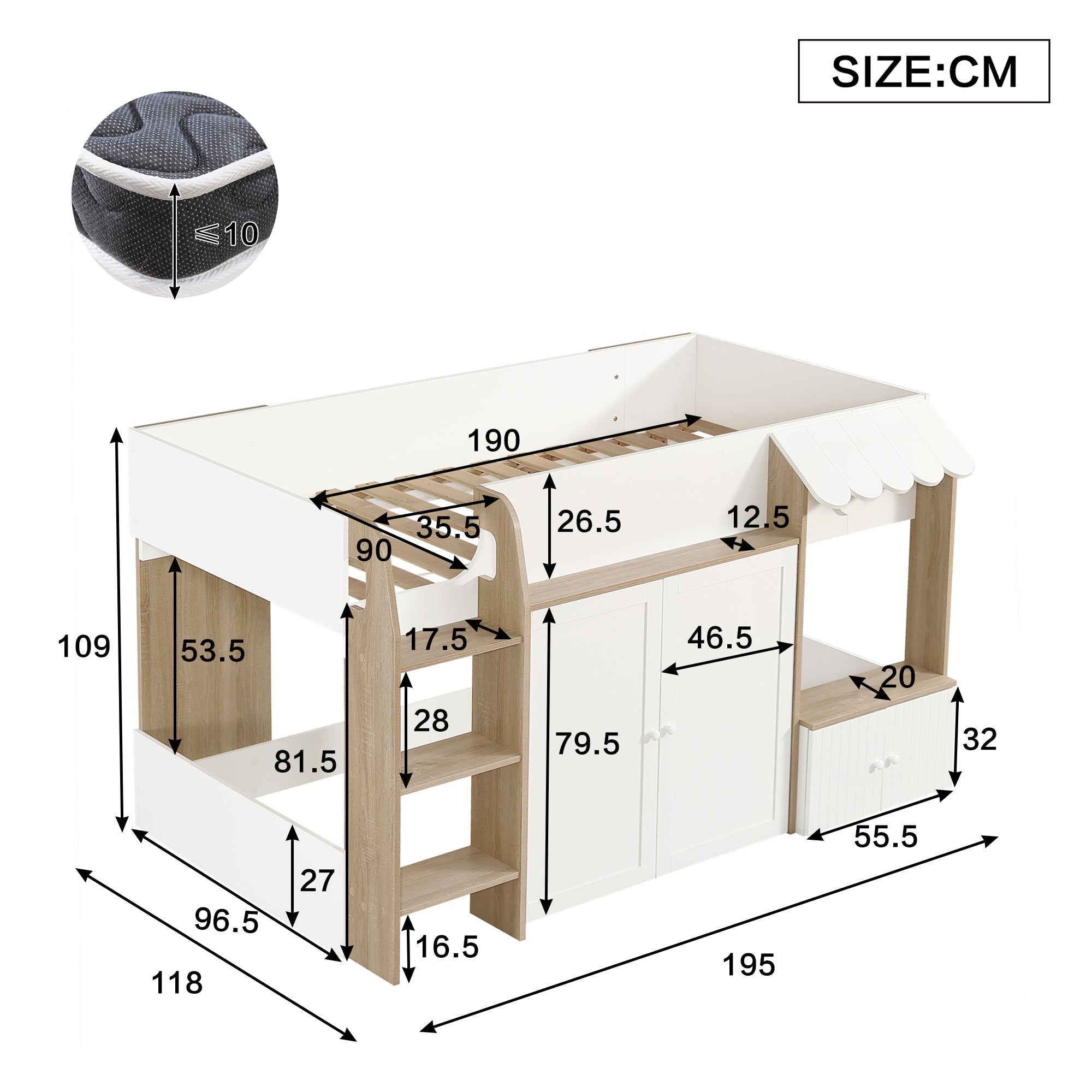 Wooden High Sleeper Bed 3ft Single with Ladder and Storage Cabinets, White Pine + MDF + Plywood