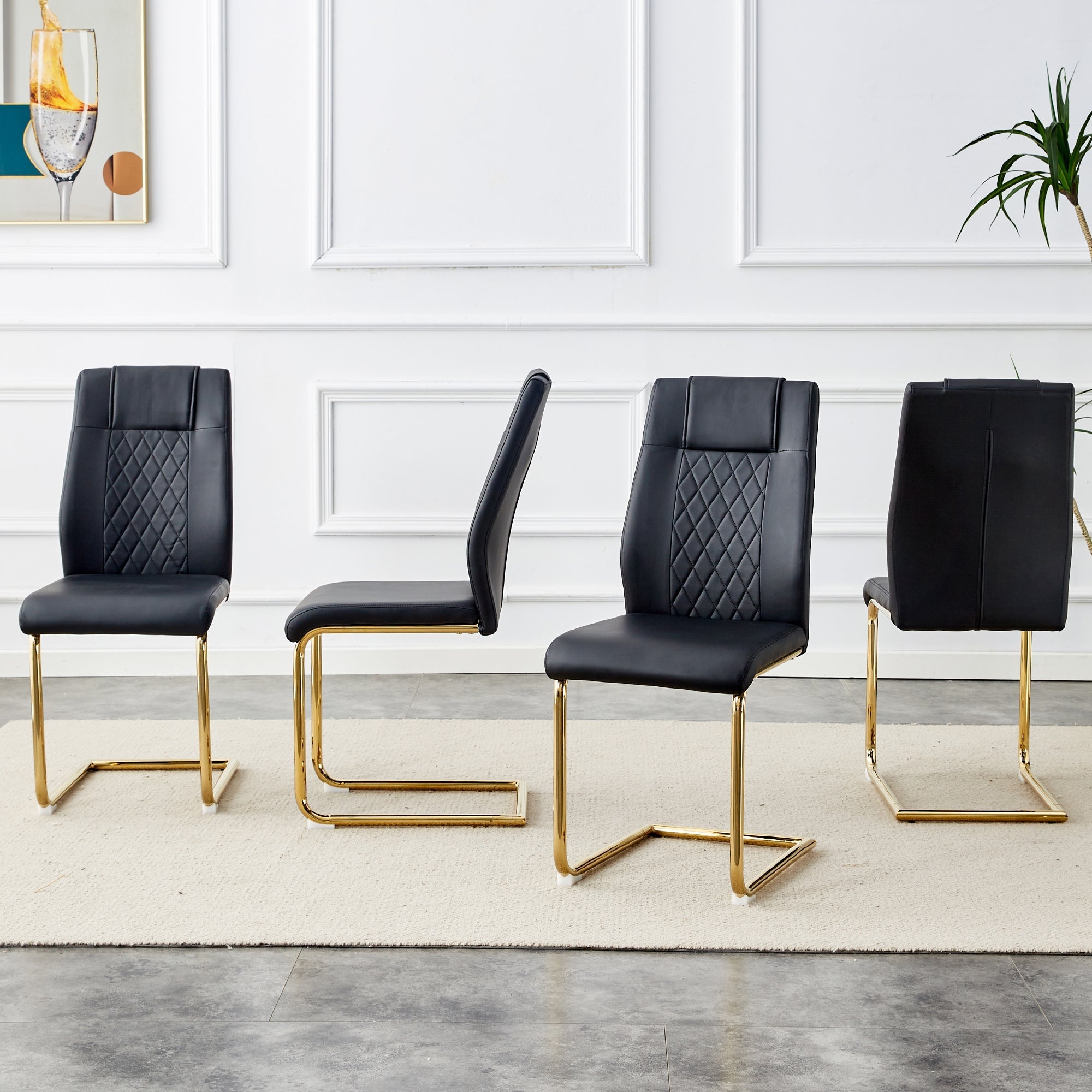 Scandinavian Dining Chairs Set of 4 Mesh Back Gold Metal Legs - Black PU Leather