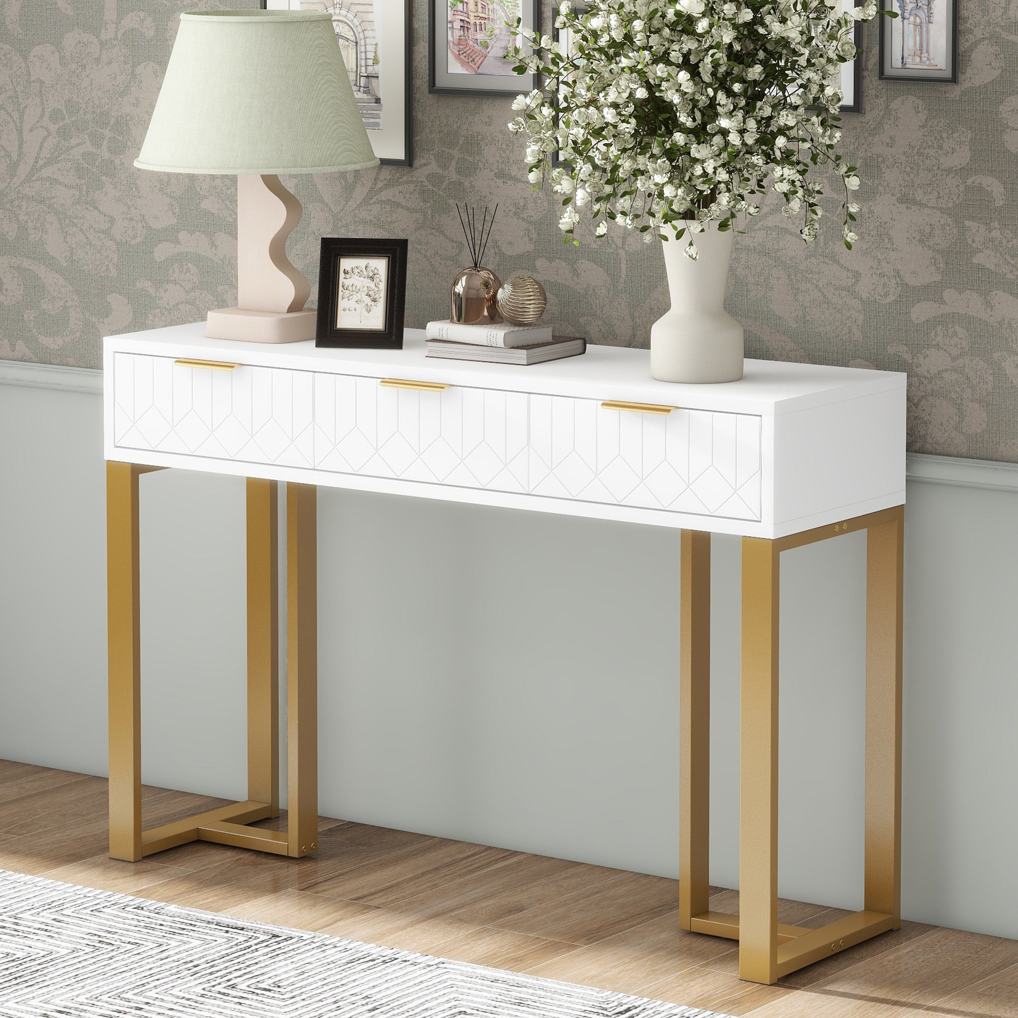 Modern Console Table - Drawers, Adjustable Foot Pads, Elegant Handles - White & Gold
