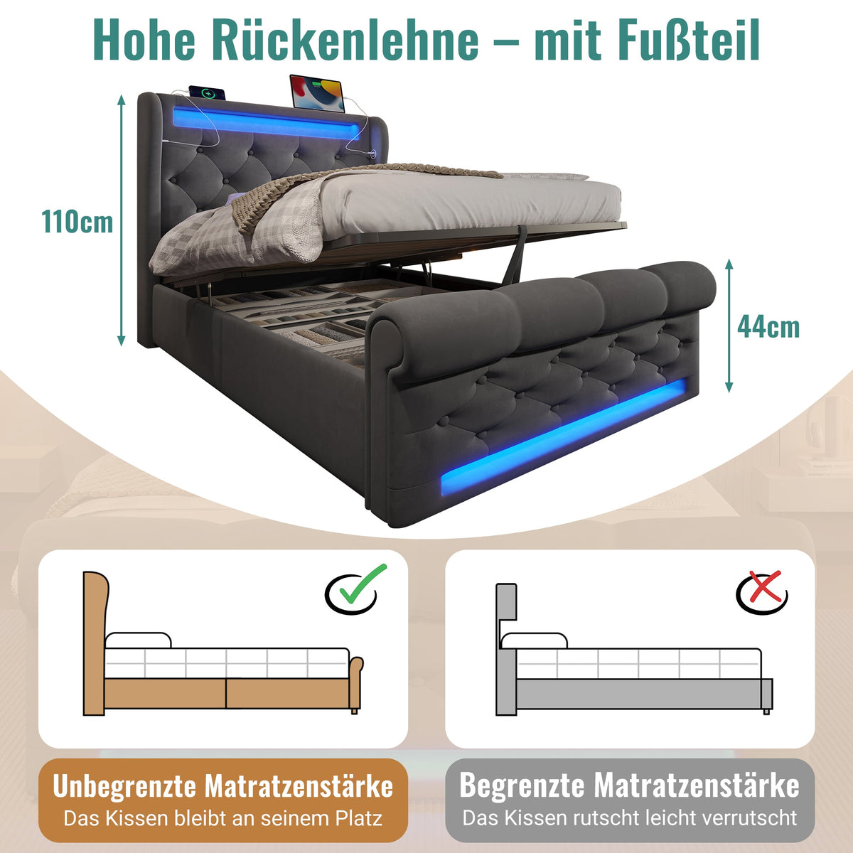 Upholstered Single Bed 90x200cm LED Headboard Hydraulic Storage, Grey Velvet