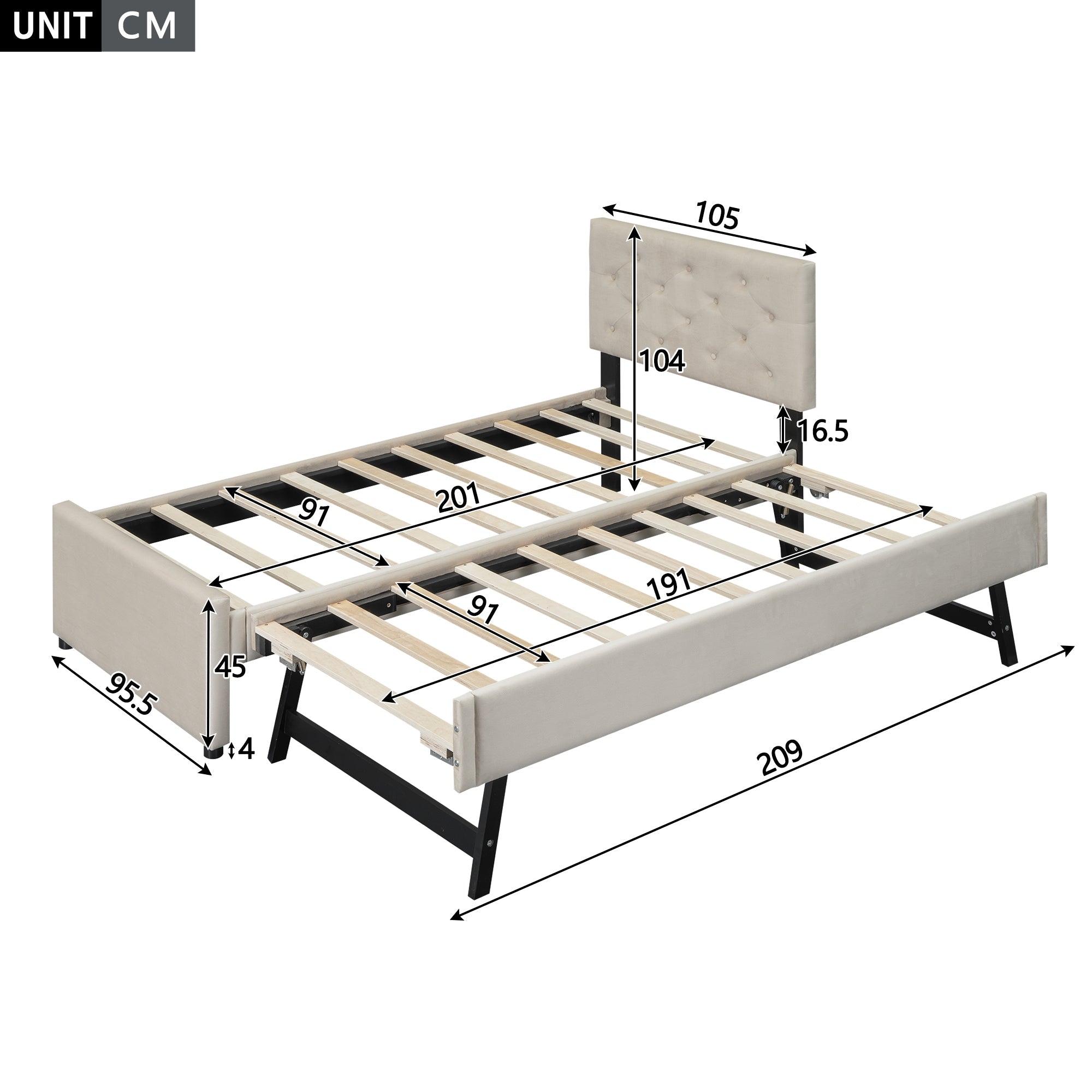 Upholstered Bed with Slatted Base and Rolling Storage, 90x200cm, Beige Velvet
