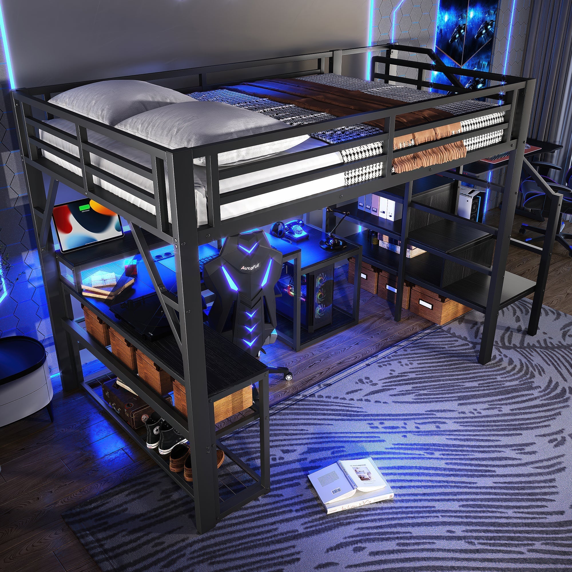 Loft Bed with Desk, LED Light Strip and Storage Staircase, 140 x 200 cm, Black Iron Frame
