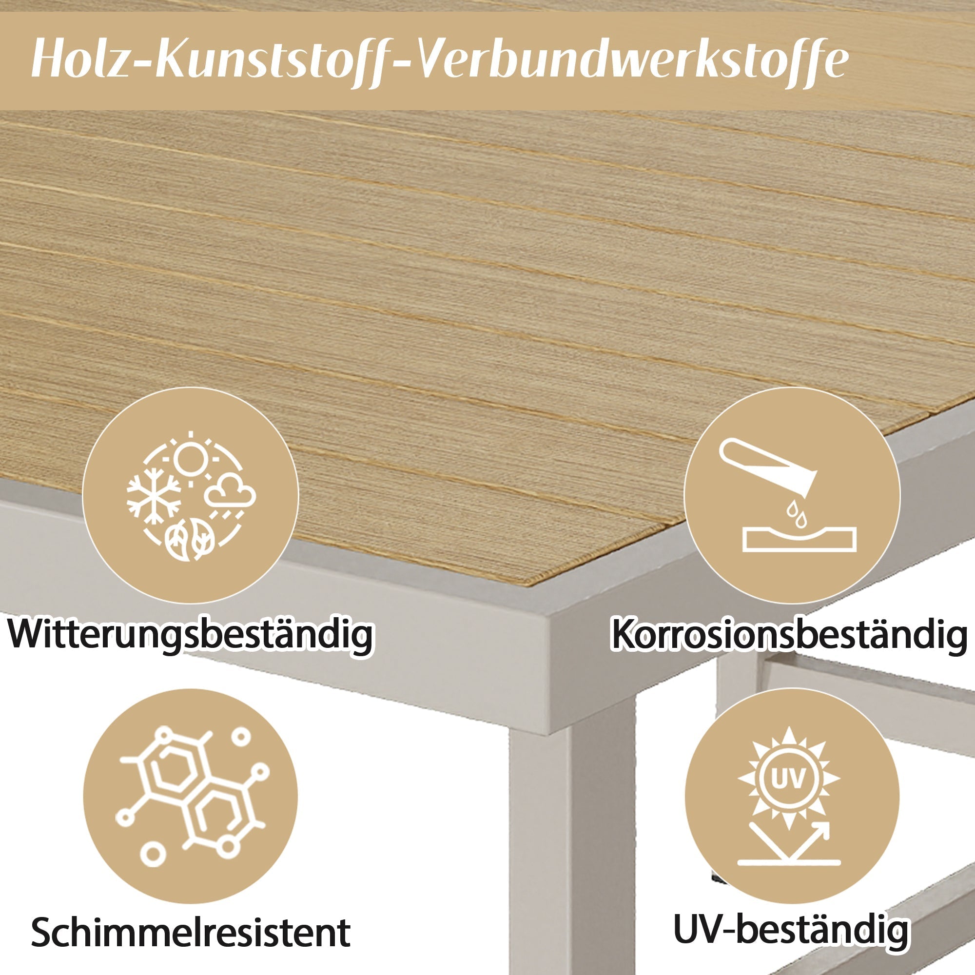 Garden Dining Set for 6 People with Plastic Wood Tabletop and Woven Rope Chairs, Khaki and Beige