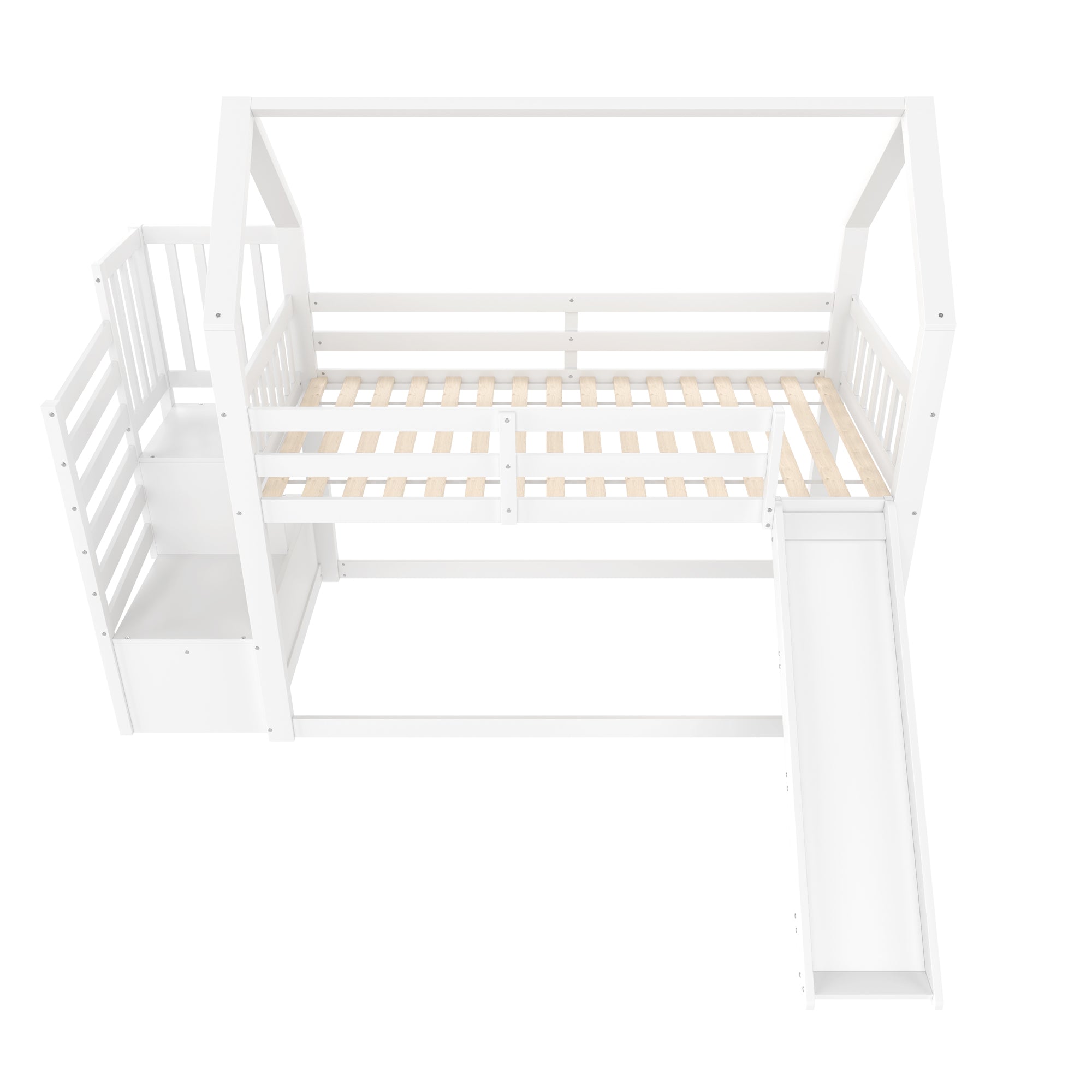Bunk Bed House 90x200cm Storage Stairs Slide Railing - White