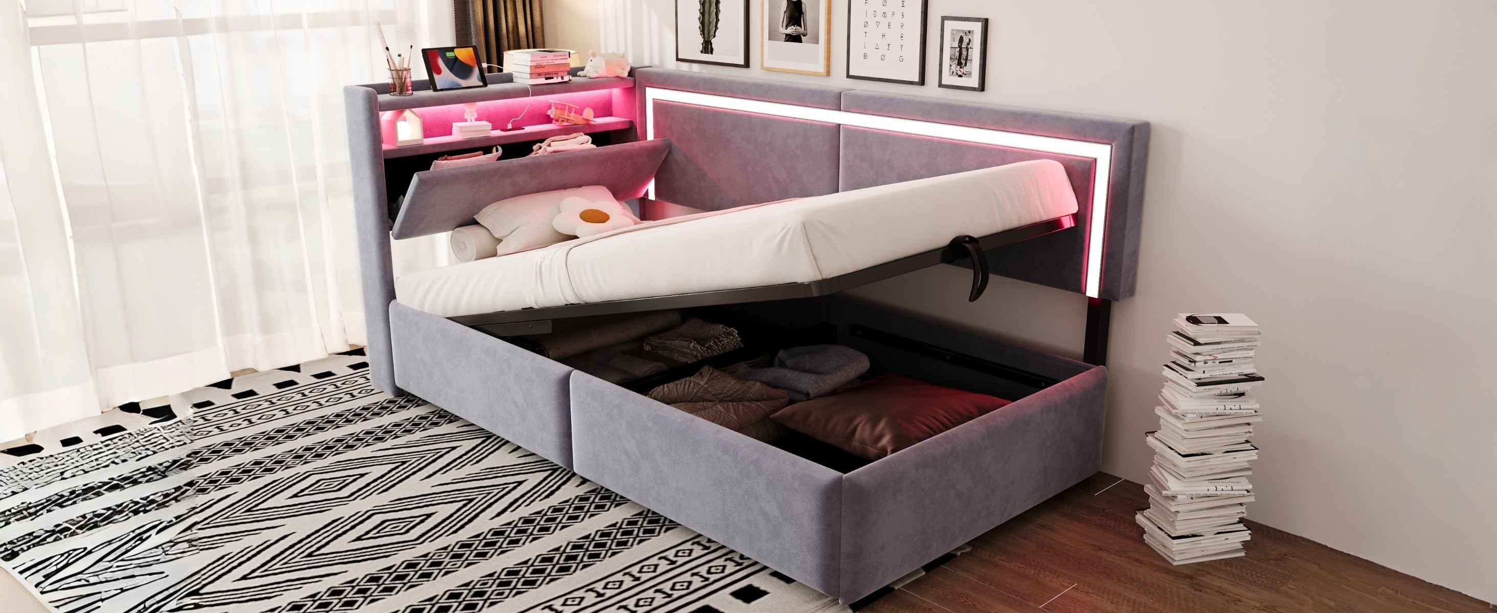 Upholstered Sofa Bed 90x200 LED USB Hydraulic Storage Light Grey Velvet