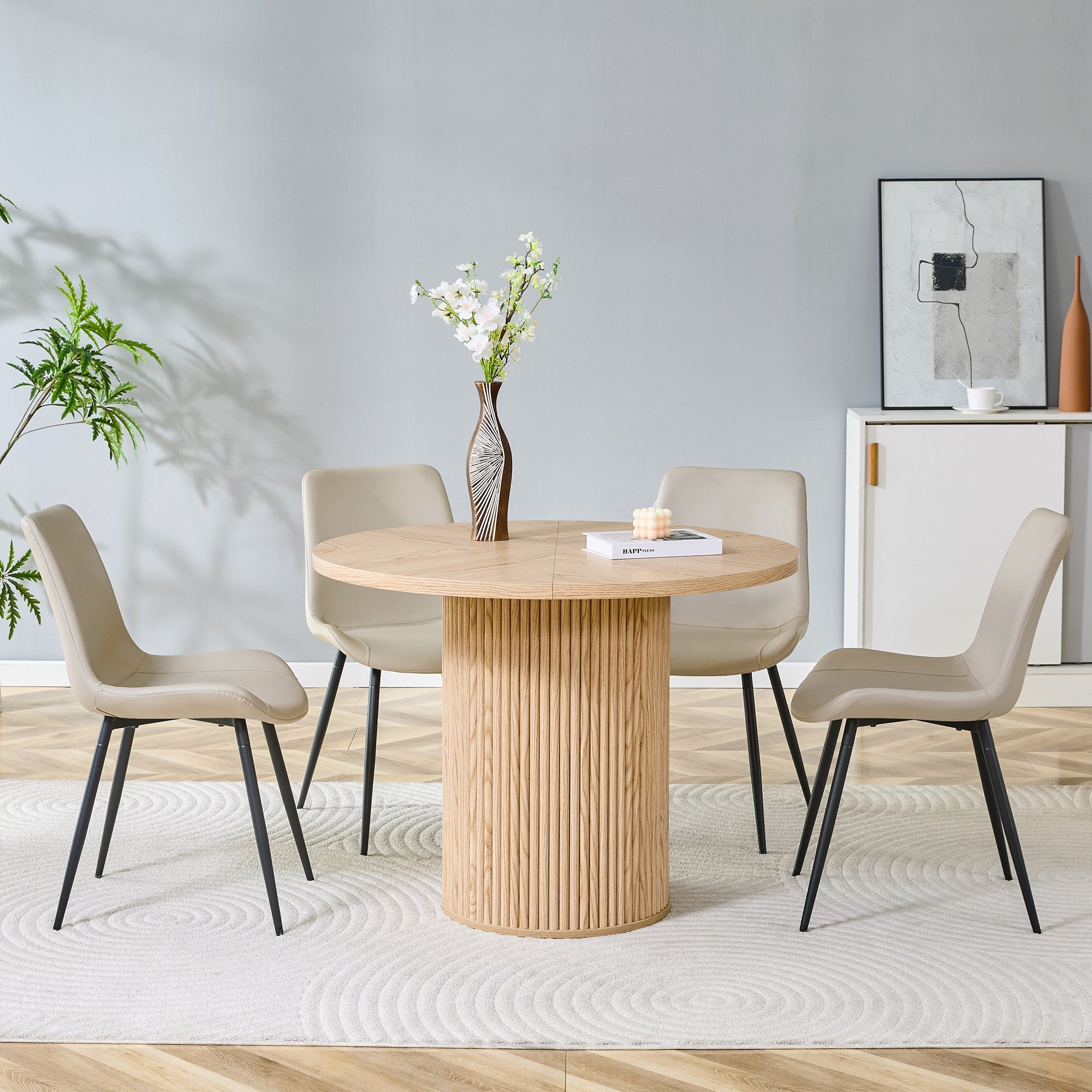 Minimalist Round Dining Set 100cm 4 Chairs Faux Leather - Light Wood/Grey