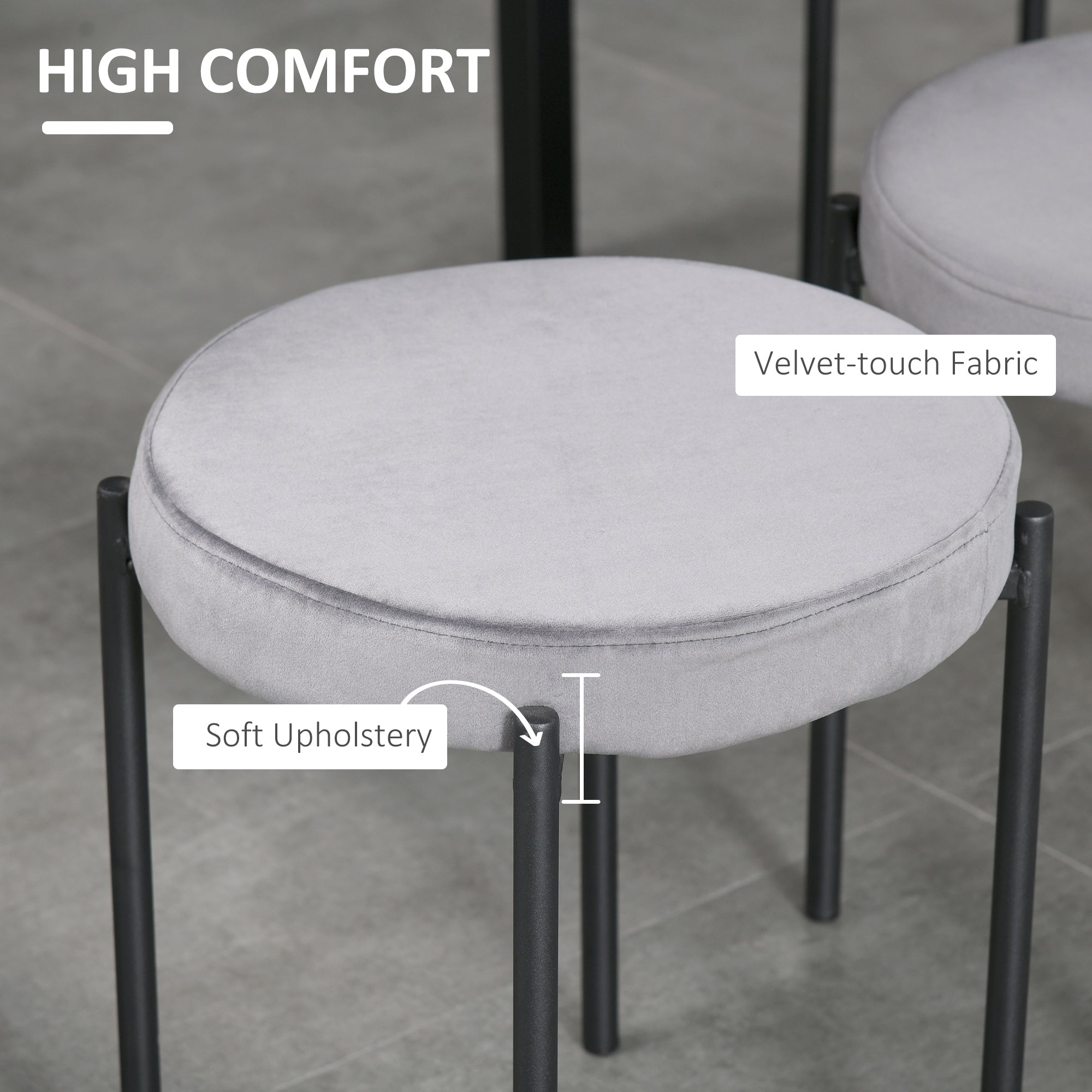 Dining Stools/Kitchen Chairs Set of 4 Stackable Upholstered Velvet Look, Grey Metal
