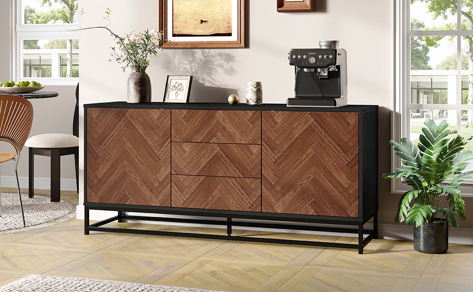 Living Room Sideboard 145cm 3 Drawers 2 Doors Adjustable Dividers - Wood/Black