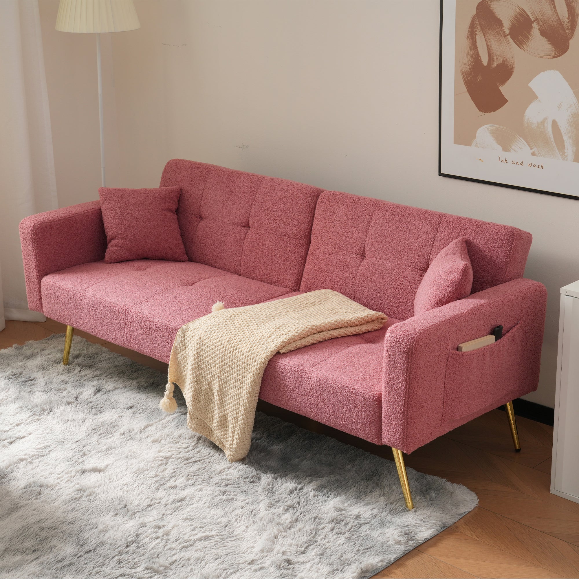 Sofa Bed, Adjustable Backrest, Gold Legs & Storage Pockets