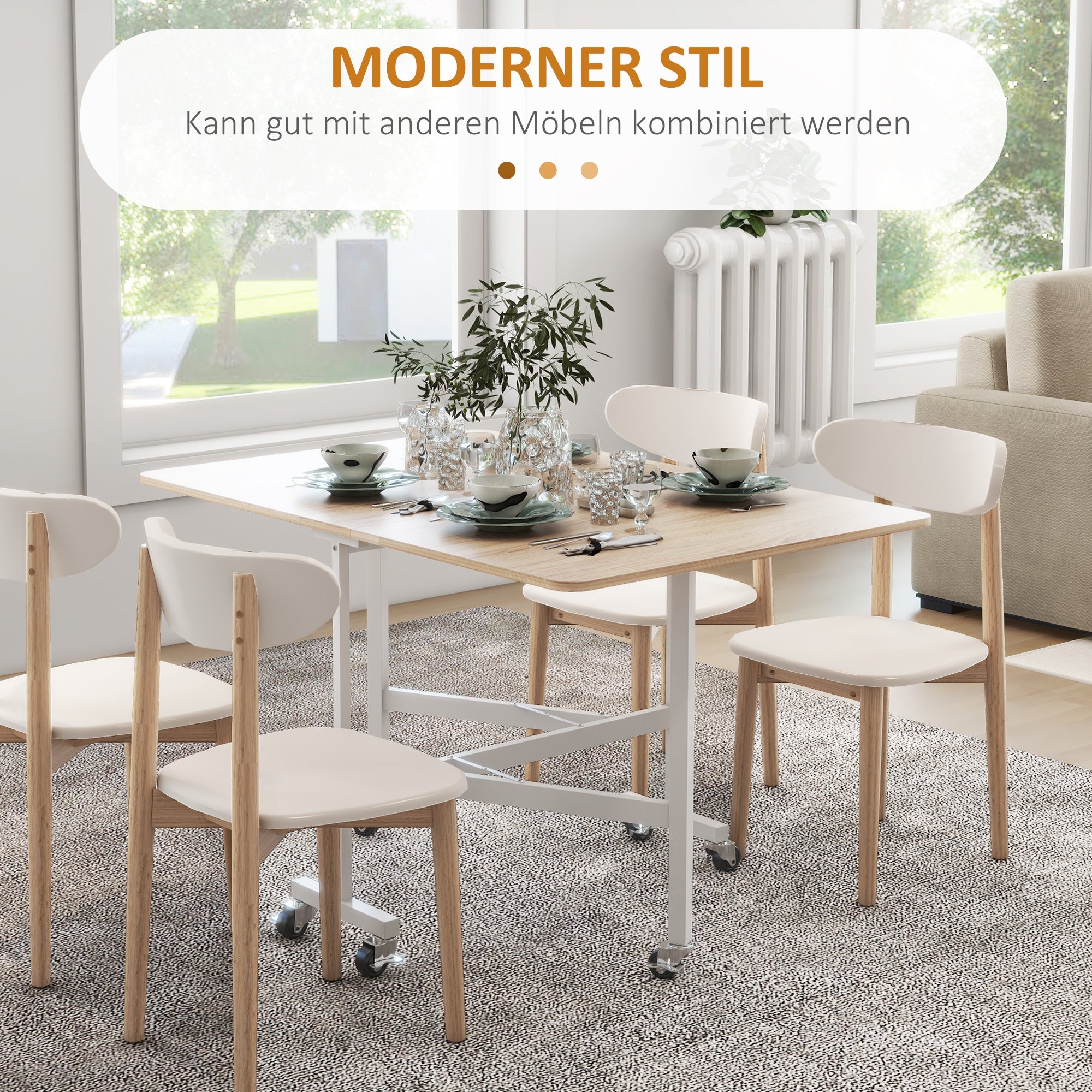 Dining Table for 4-6 People, Foldable with Wheels, Steel Frame, Oak