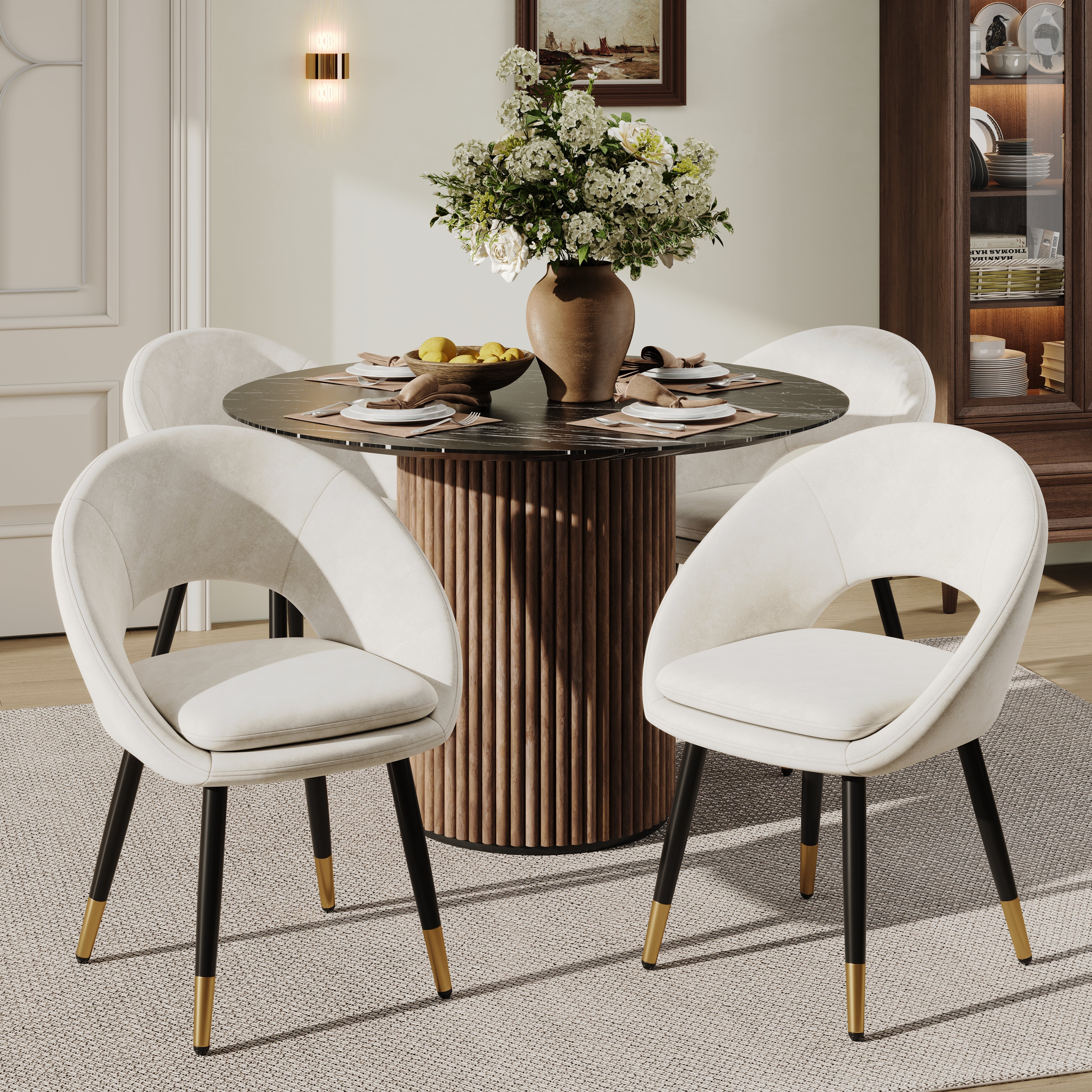 Set of 6 Modern Dining Chairs, Comfortable and Breathable Velvet, Beige