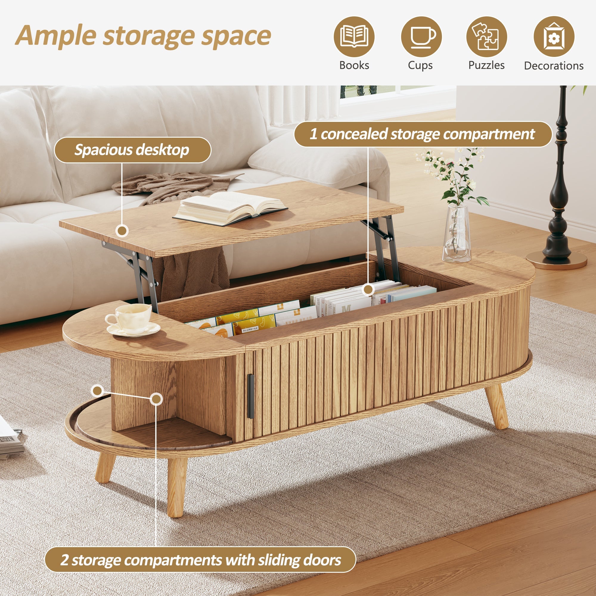 Liftable Coffee Table Hidden Storage 5 Shelves Original Wood Color