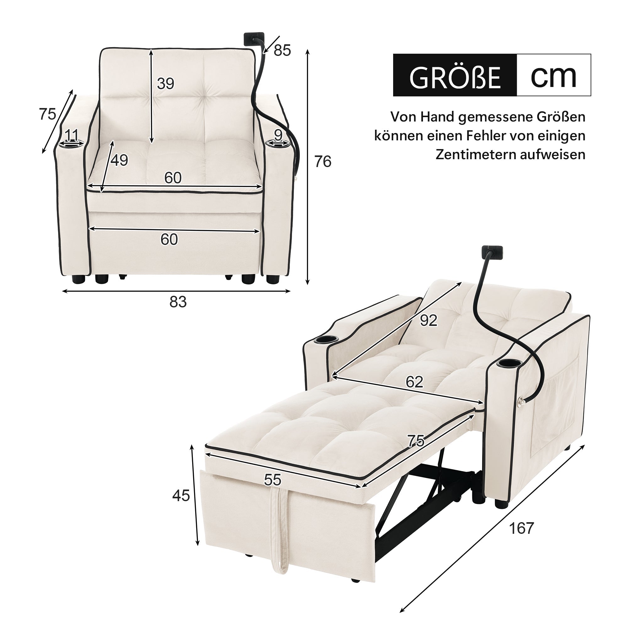 3-in-1 Pull-Out Single Sofa Bed with Cup & Phone Holders, for Small Spaces