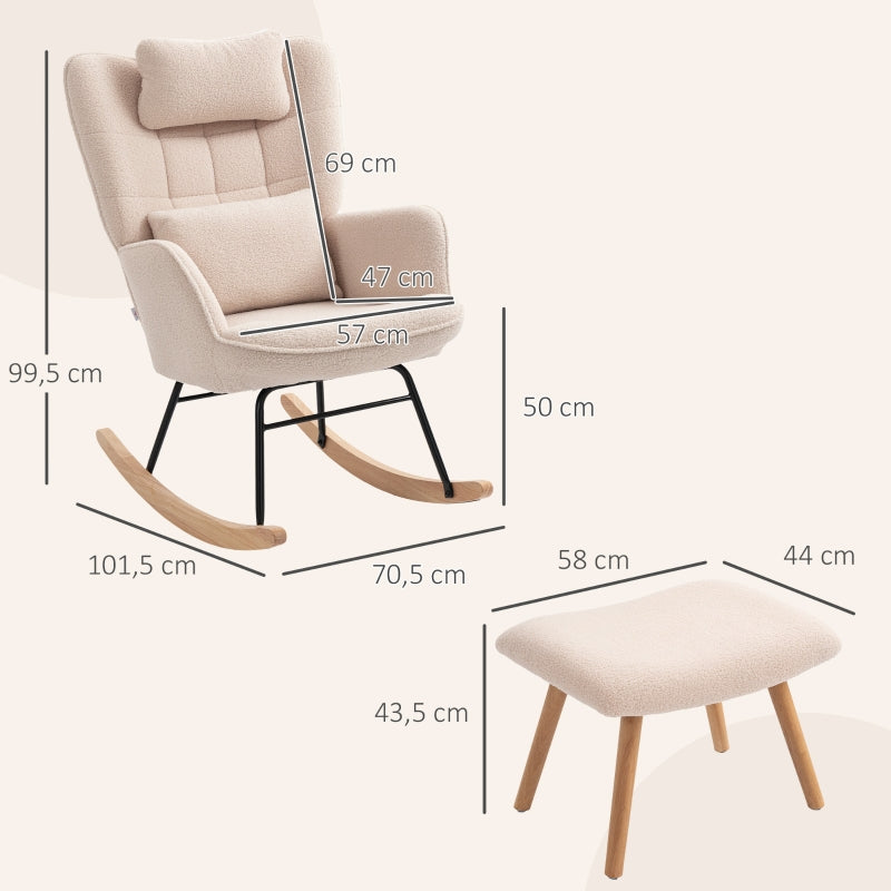 Rocking Chair & Footstool, High Back, Soft Fleece, Wooden Legs, Beige