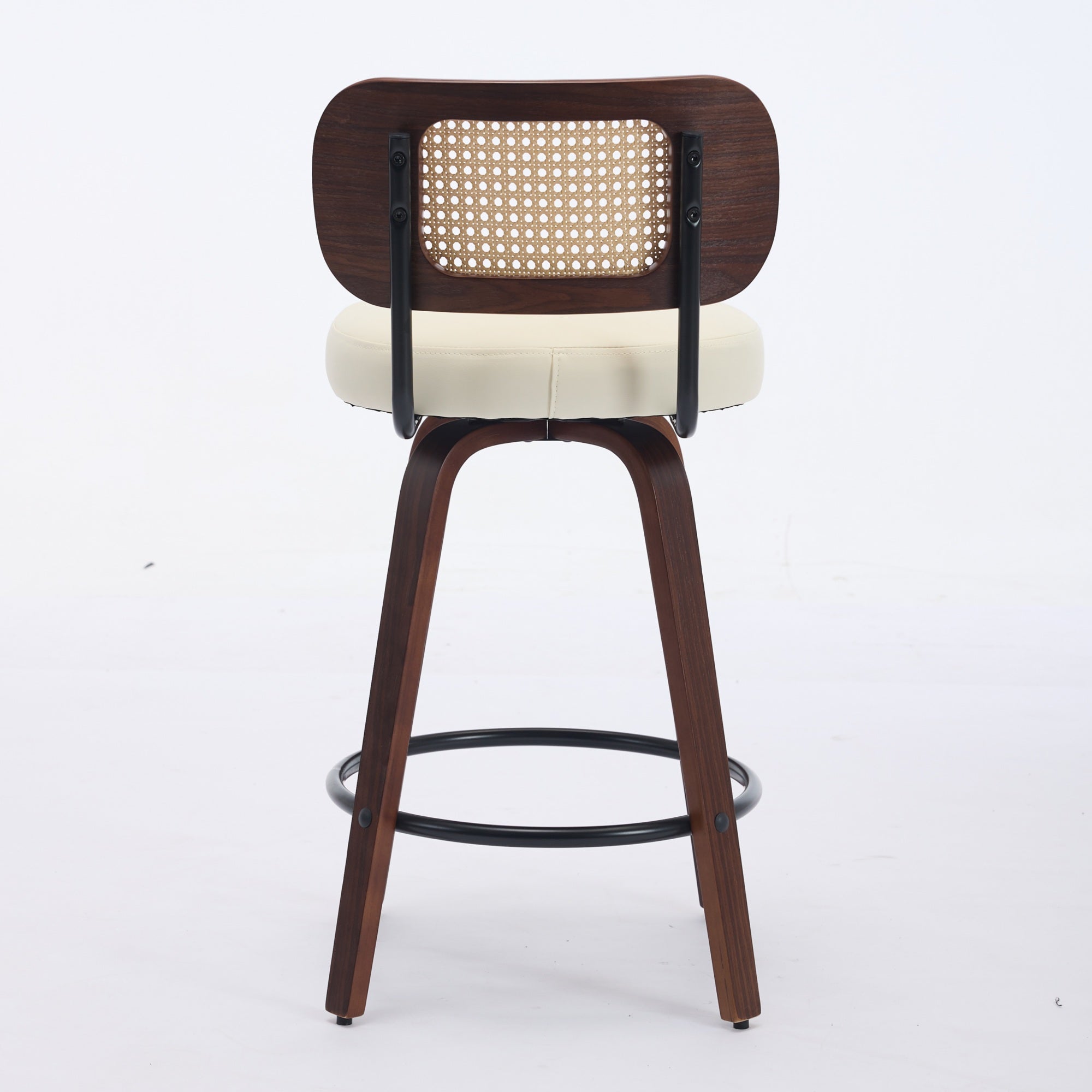 Set of 2 Counter Height Bar Stools, 26 Inch Swivel Rattan Cane Back with Upholstered Seat, Walnut and Beige