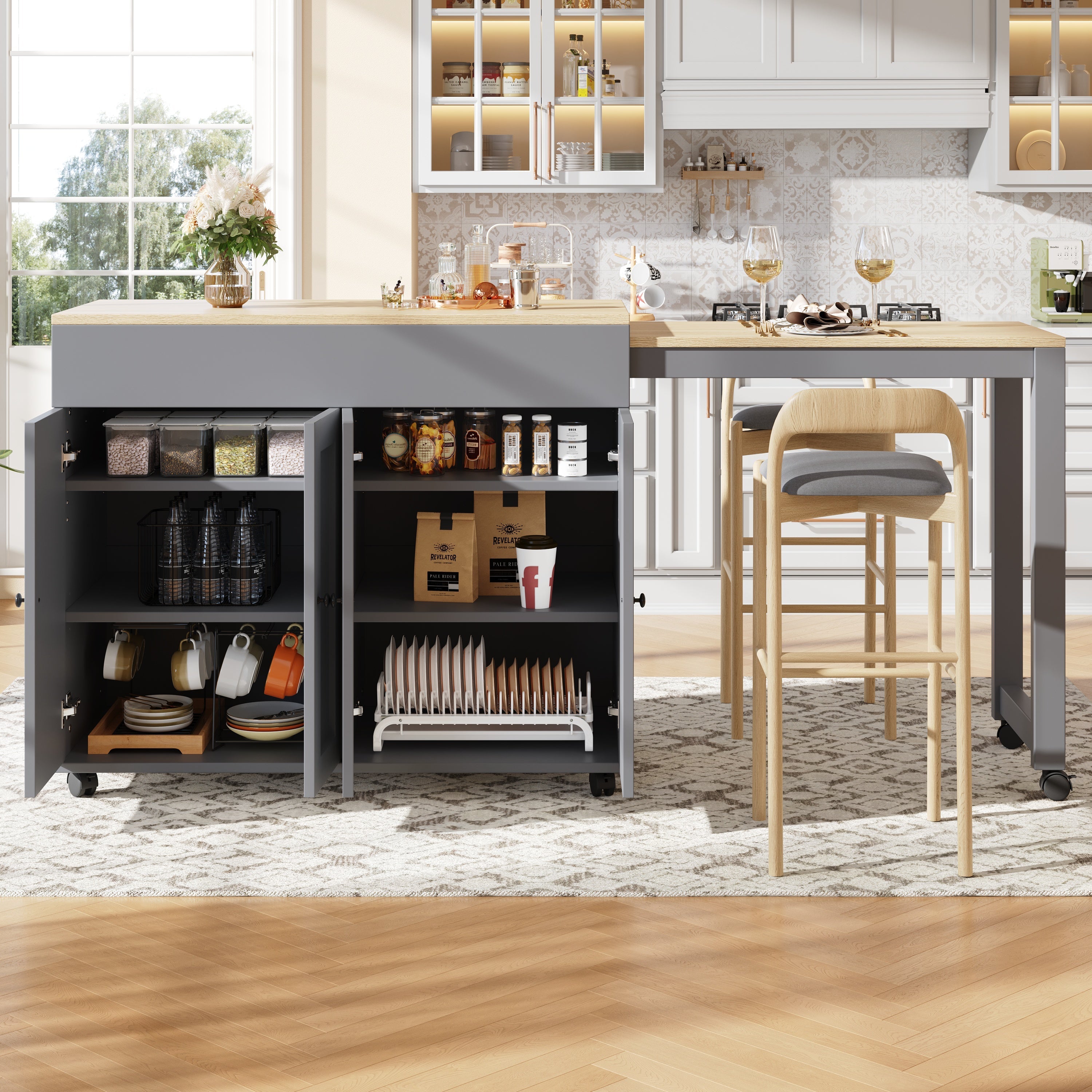 Extendable Bar Table Dining/Bistro with Storage and Shelves Grey