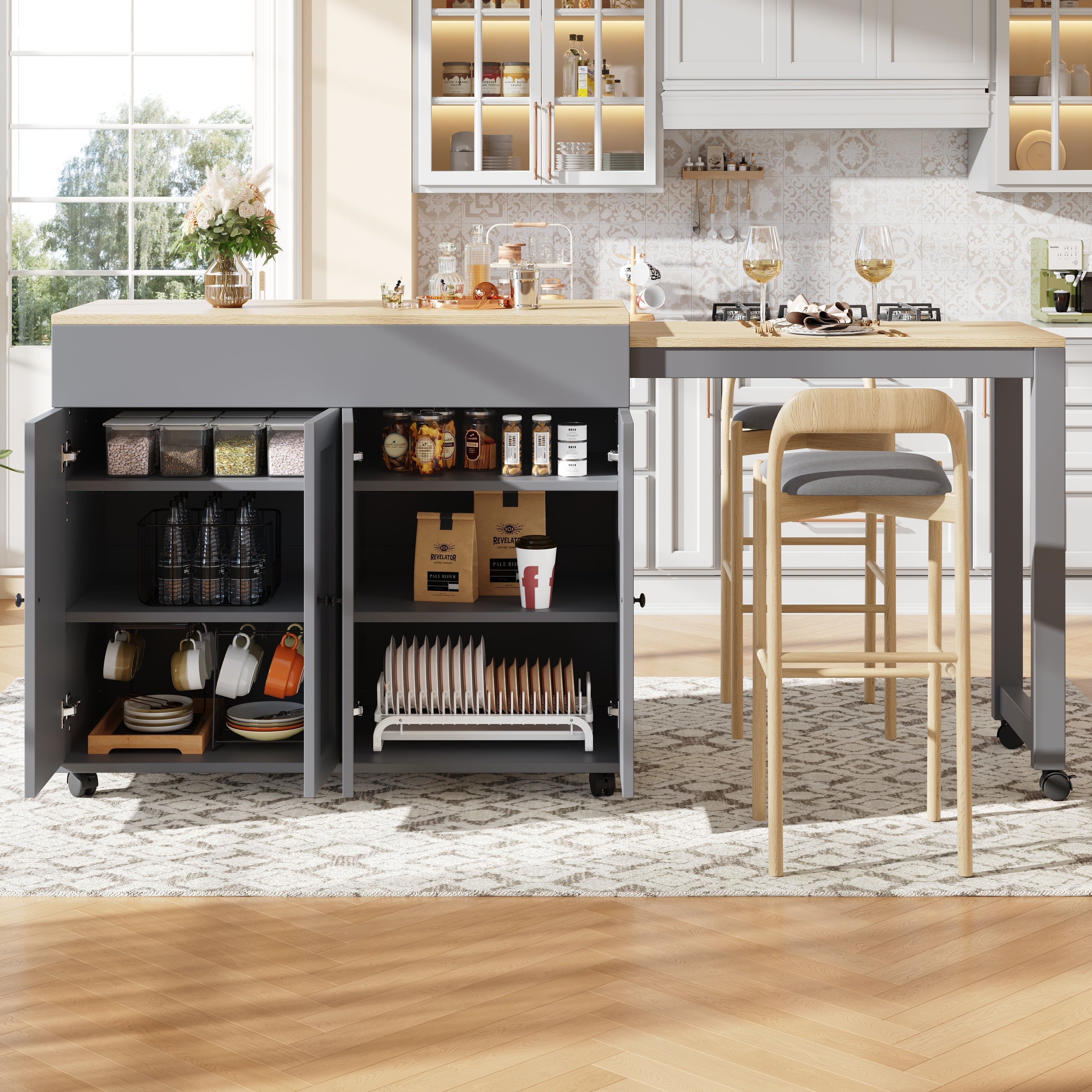 Modern Extendable Bar Table Dining Bistro Storage 6 Shelves Grey