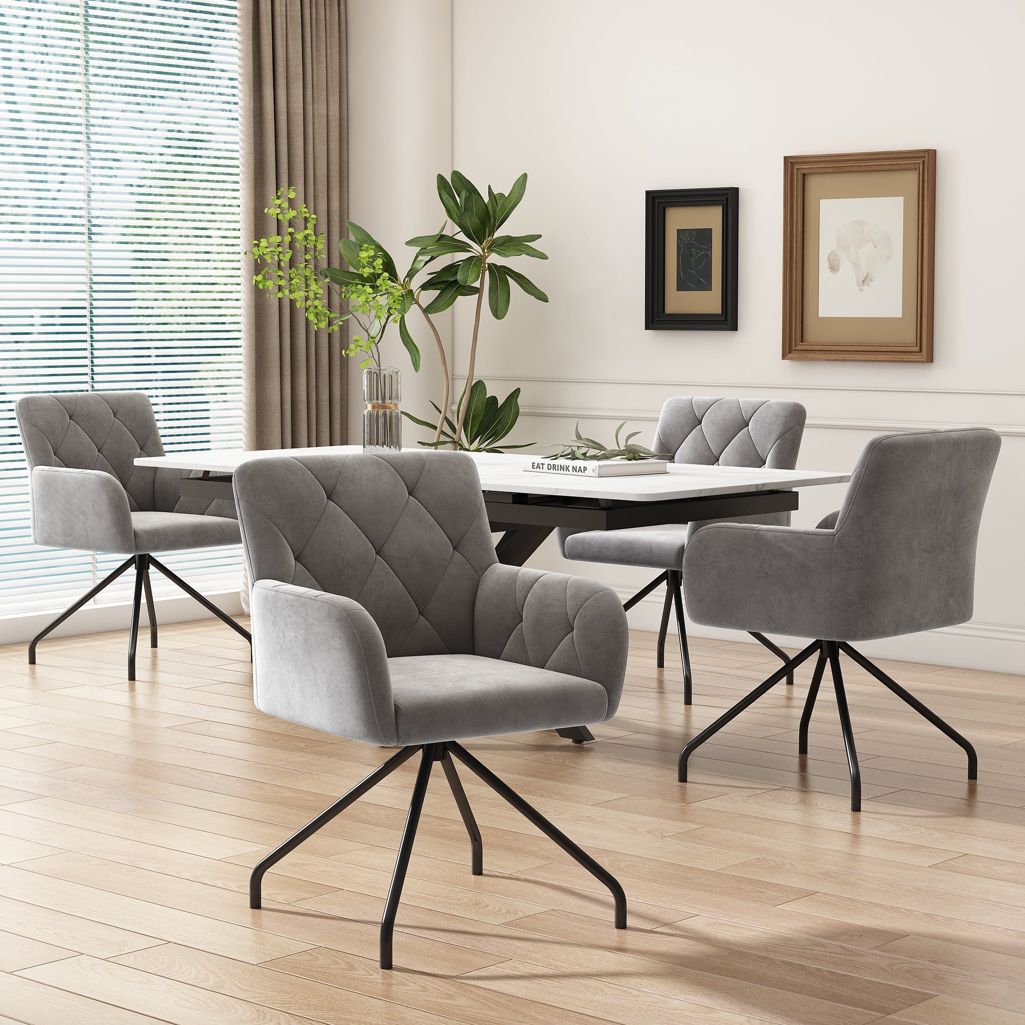 Dining Chairs Set of 4 with Diamond Pattern and Lumbar Support, Light Grey Velvet