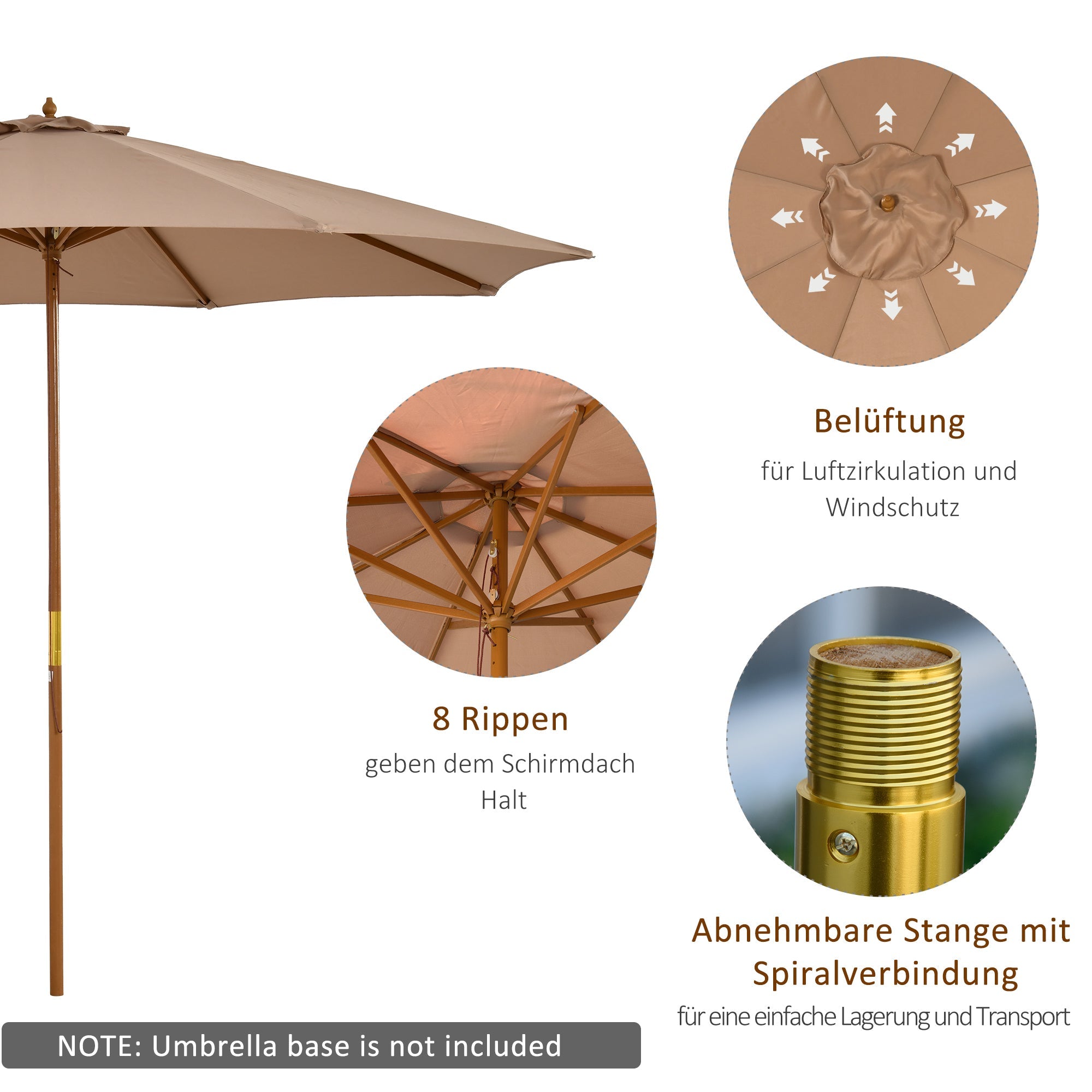 Wooden Parasol 300cm Garden Balcony Bamboo, Khaki
