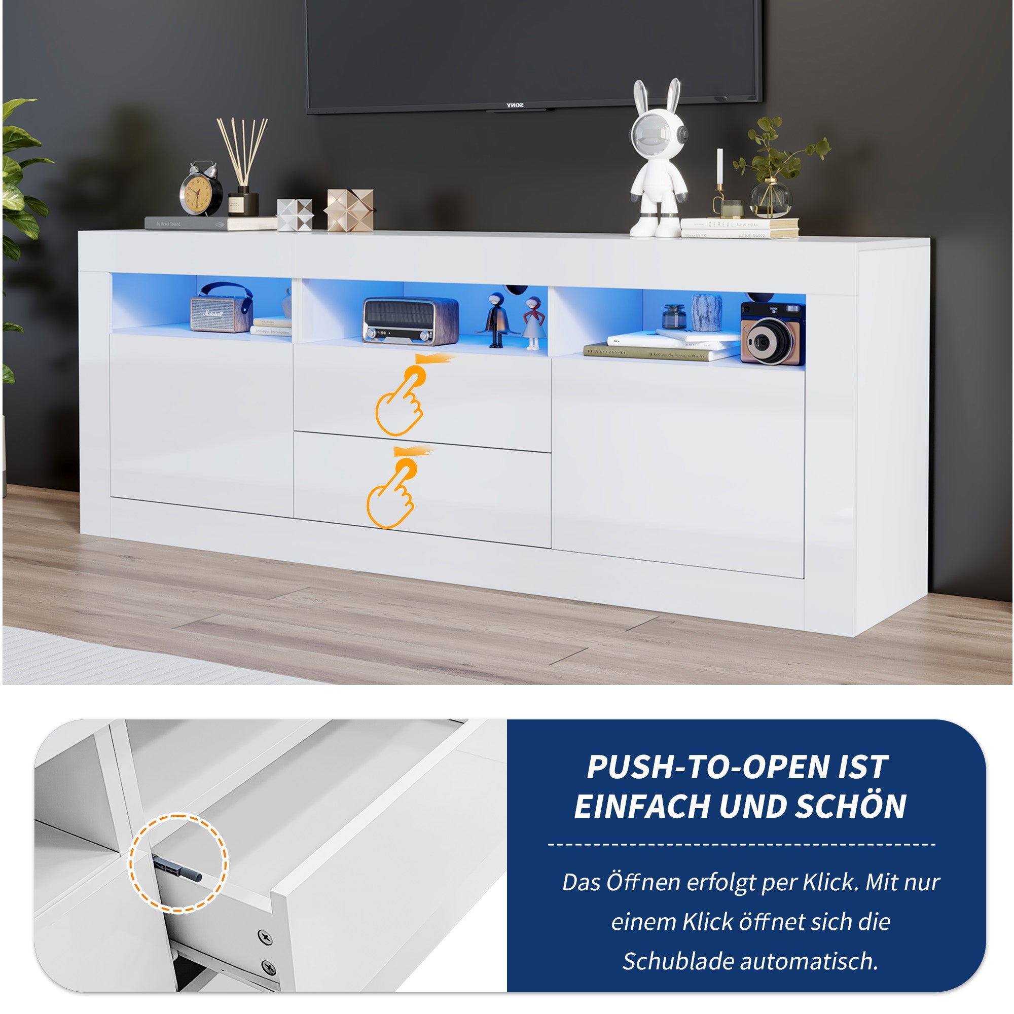 TV Cabinet, 160x35x60cm LED Lit, 3 Open, 2 Doors, 2 Drawers, Smart App Control, High Gloss