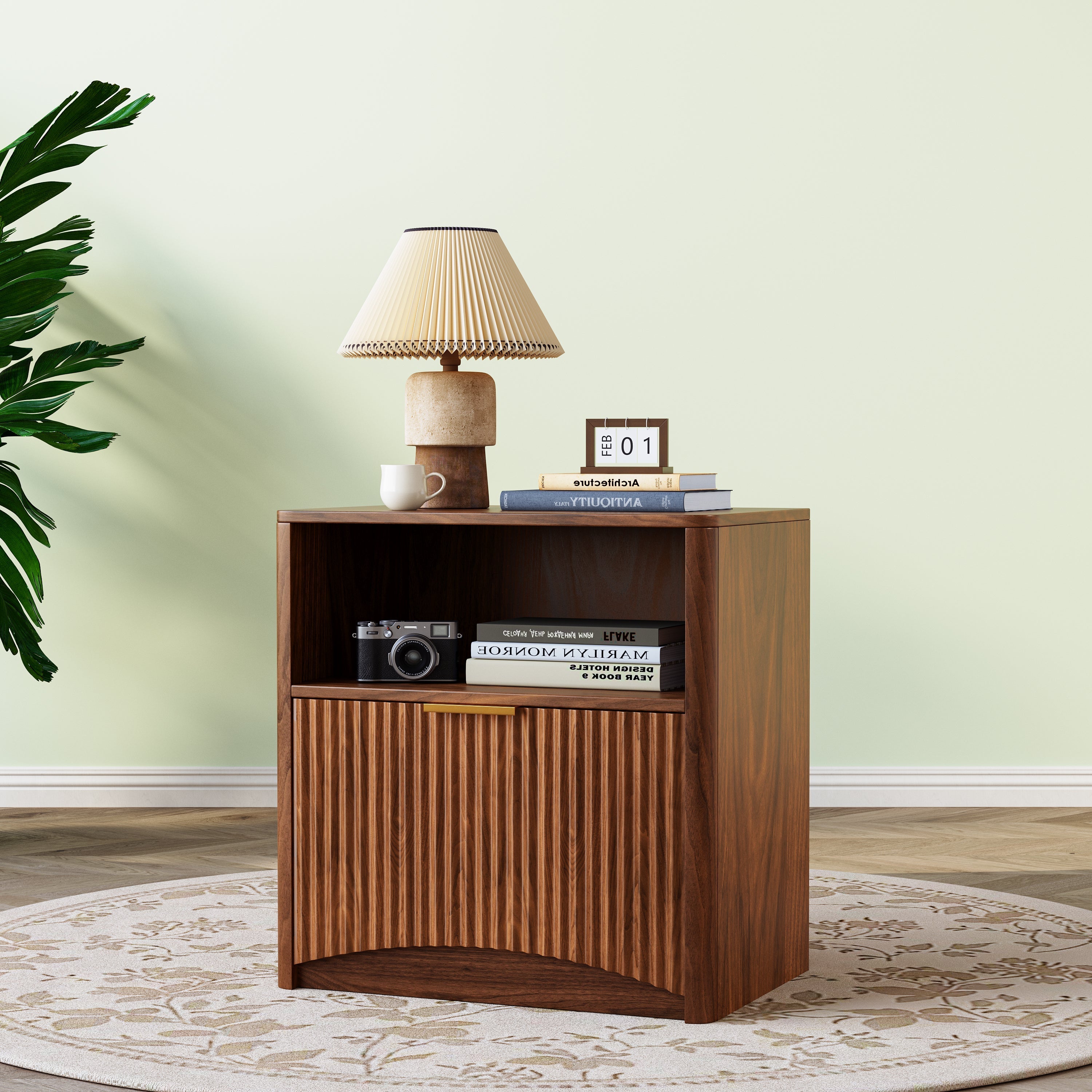 Nightstand Grooved Open Drawer Gold Handles - Walnut Look