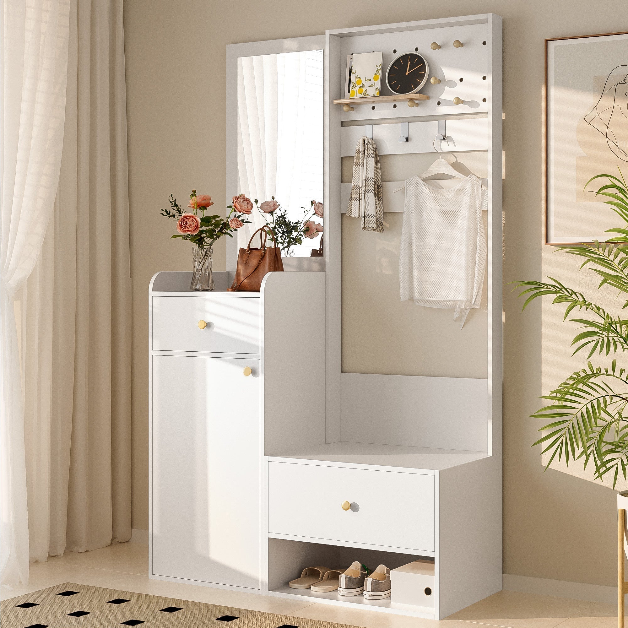 Compact Wardrobe, Entryway Shelf with Mirror, Adjustable Hooks, Shelves, 105 cm, White