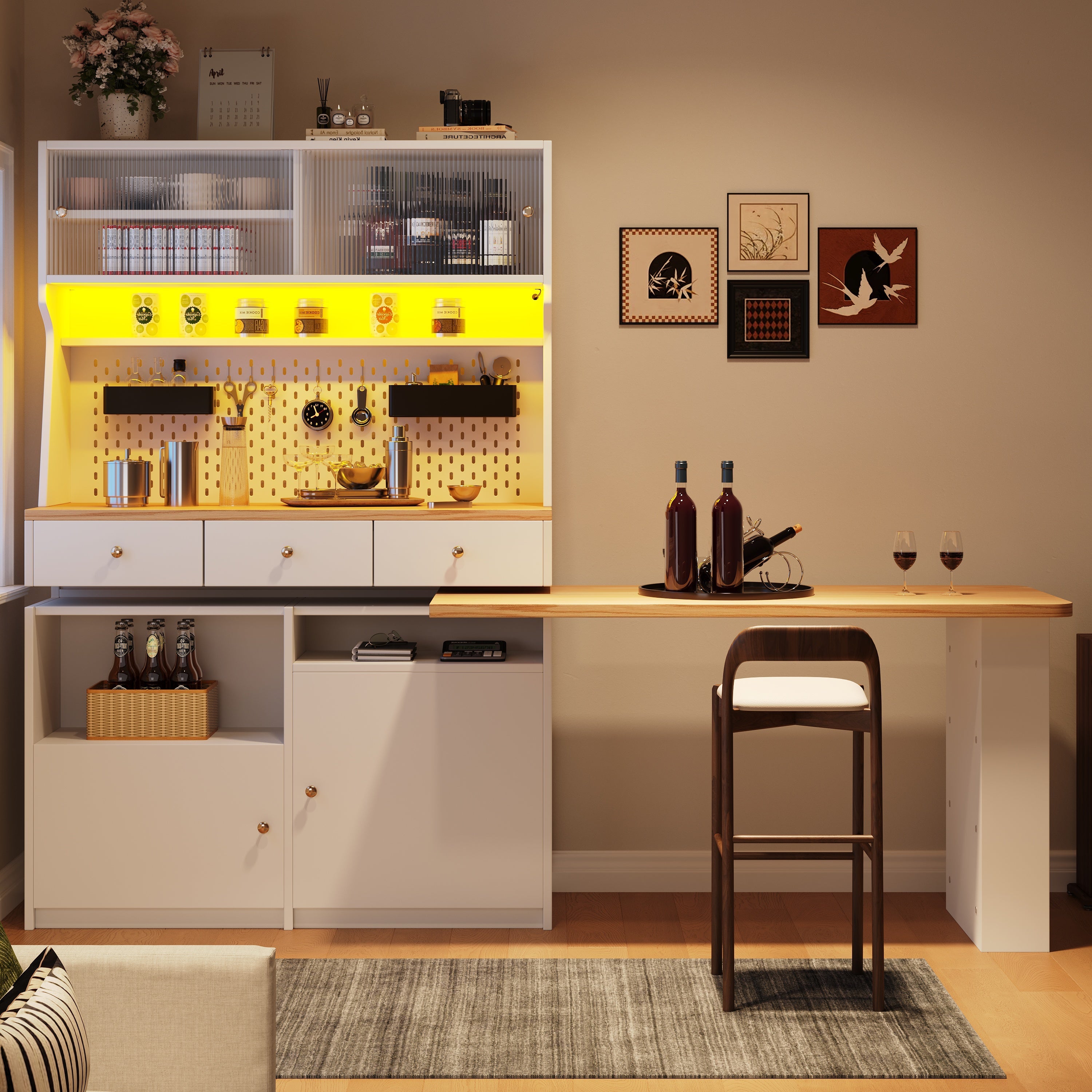 Kitchen Cabinet Tall Buffet with 2 Doors, 3 Drawers, 137x45x178cm, White
