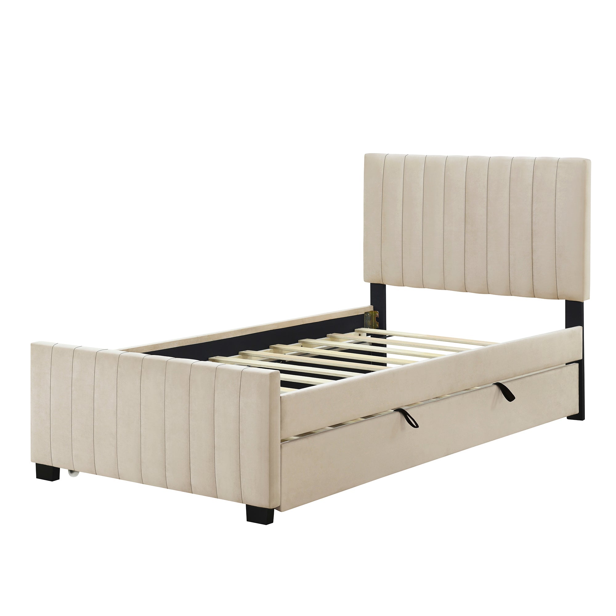 Upholstered Bed, Single with Pull-Out, 90 x 190 cm, Beige Velvet