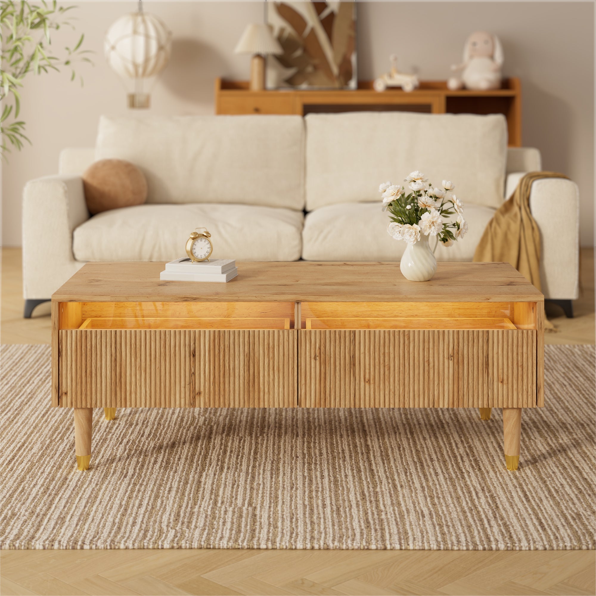 LED coffee table with wavy drawer top, two drawers, gold-wood