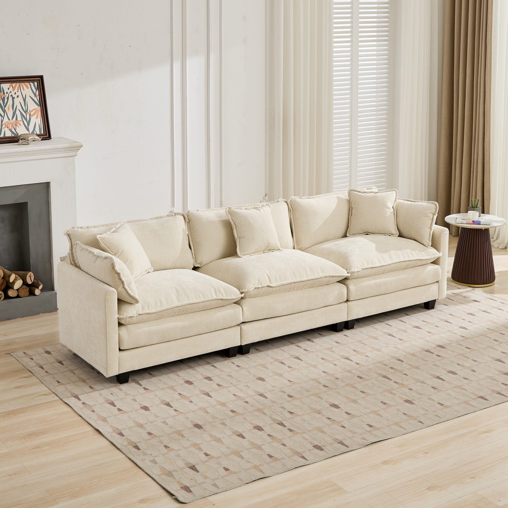 Cloud Sofa, 3 Seater Modern Sectional with Upholstered Seat Cushion, Beige Chenille Fabric