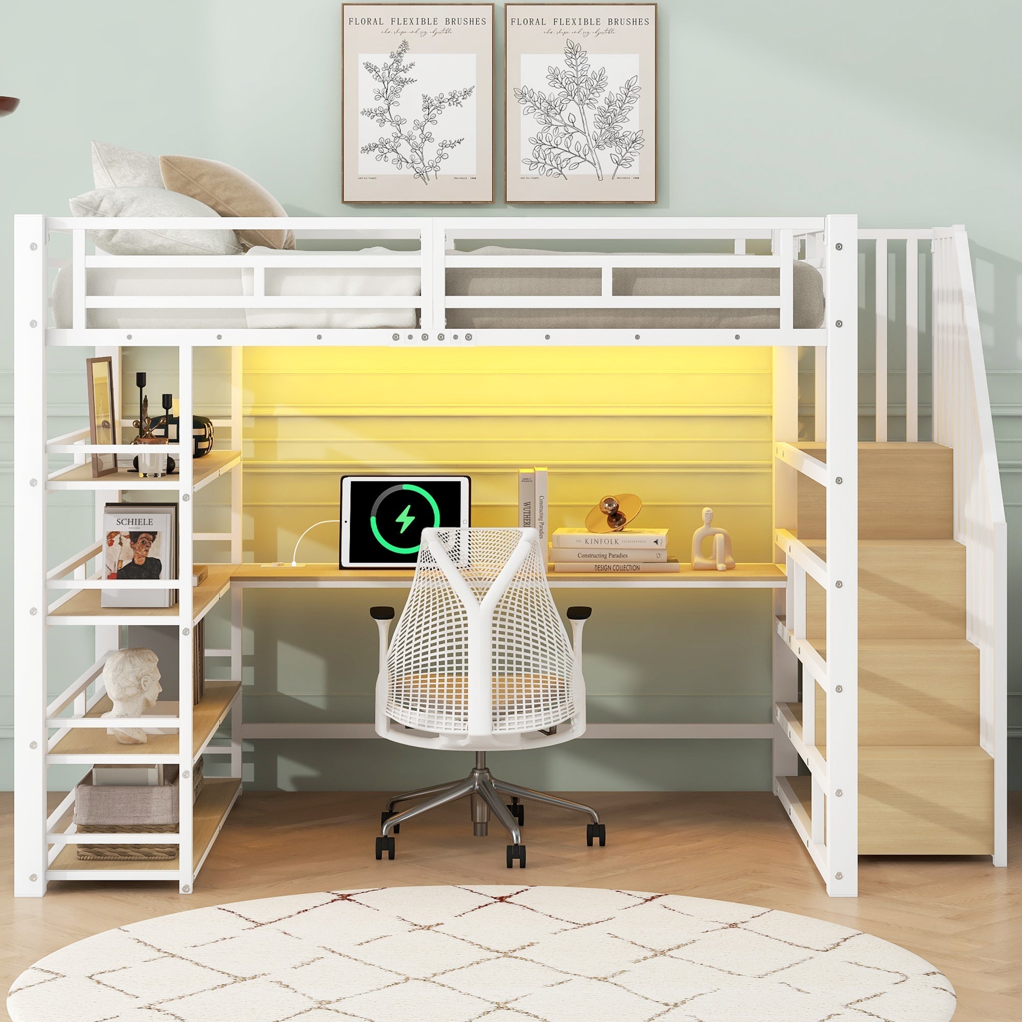 Metal Loft Bed with Desk, Stairs, Storage and LED Light, White