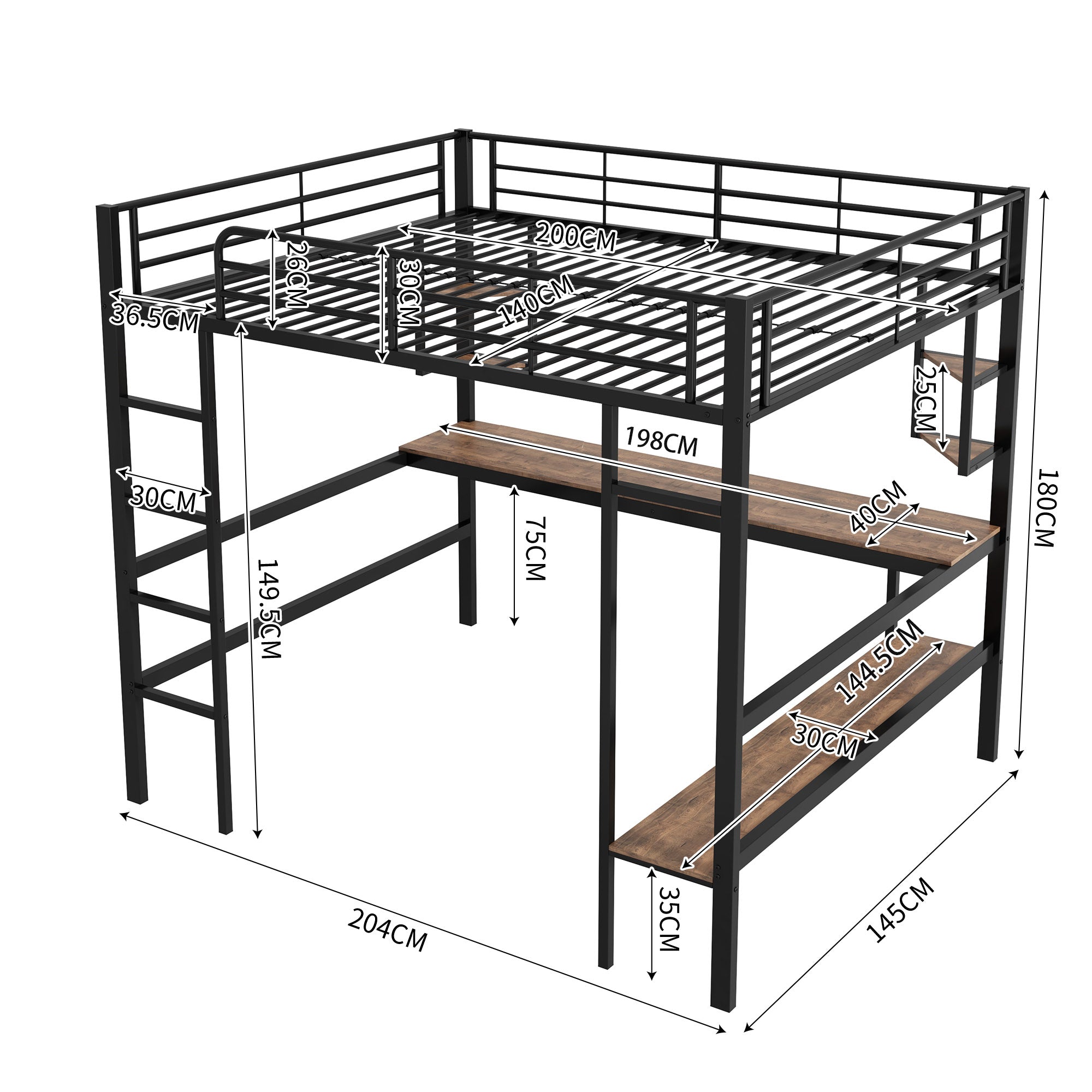 Loft Bed 140x200cm Metal Frame with Desk Shelves & Bookcase - Black