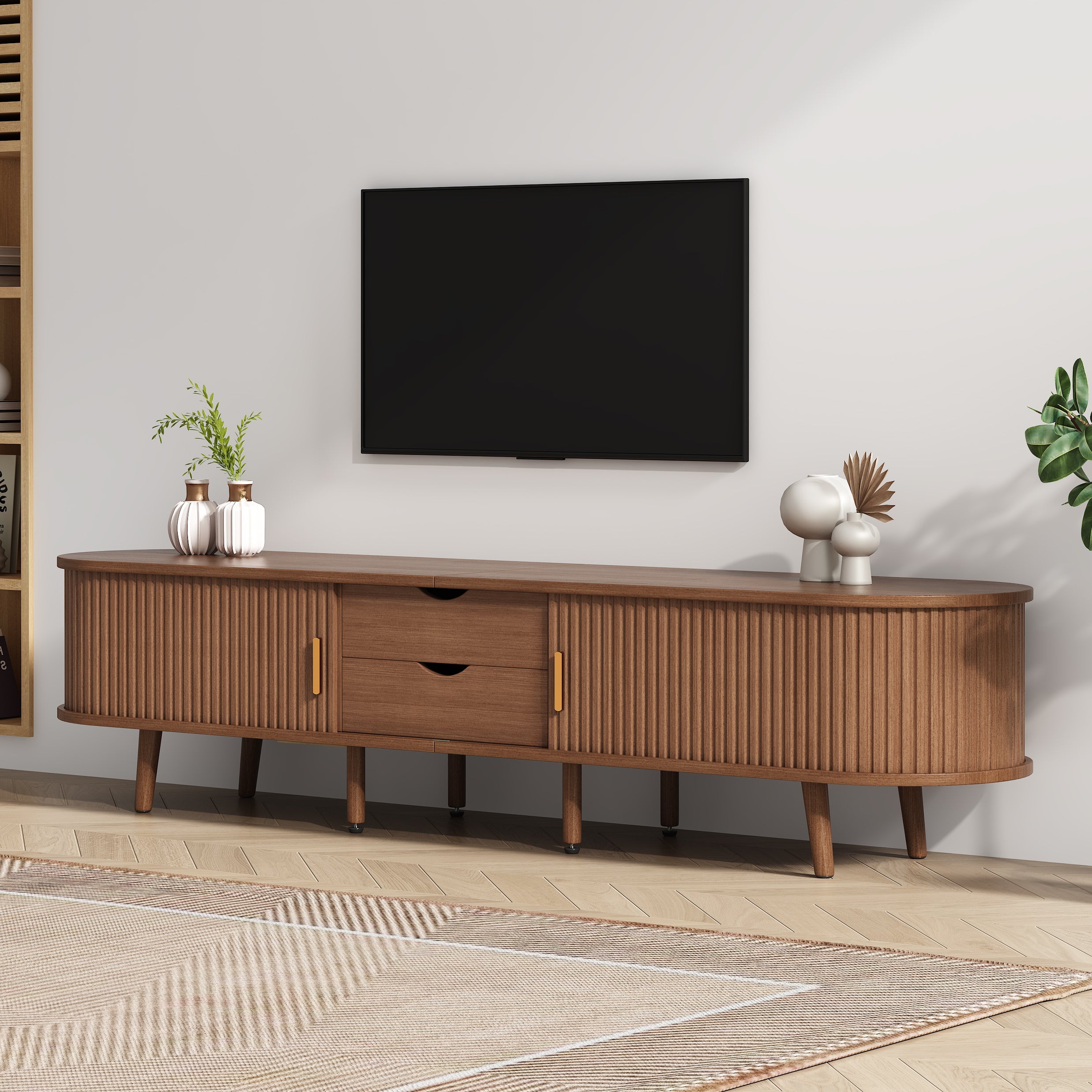 TV Cabinet 175cm Storage 2 Drawers Telescopic Doors, Walnut MDF